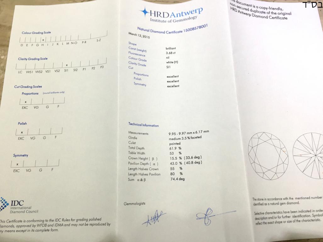 Round Cut 3.68 Carat HRD Certificate White Diamond For Sale