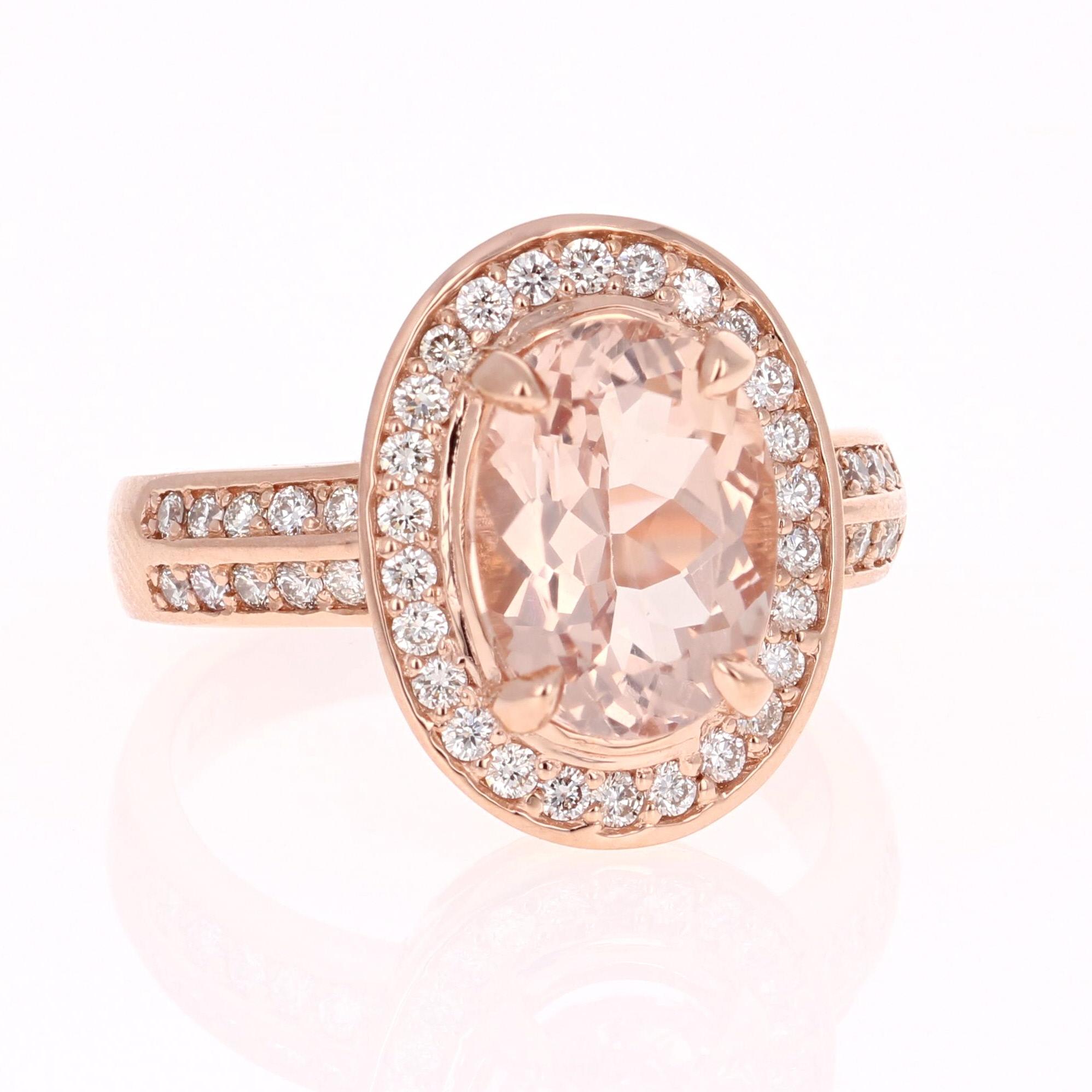 This ring is a 14K Rose Gold Ring which has a 3.11 carat Oval Cut Morganite in the center of the ring.  This ring is surrounded by 46 Round Cut Diamonds that weigh a total of 0.57 carats (Clarity: VS2, Color: H).  The total carat weight of the ring
