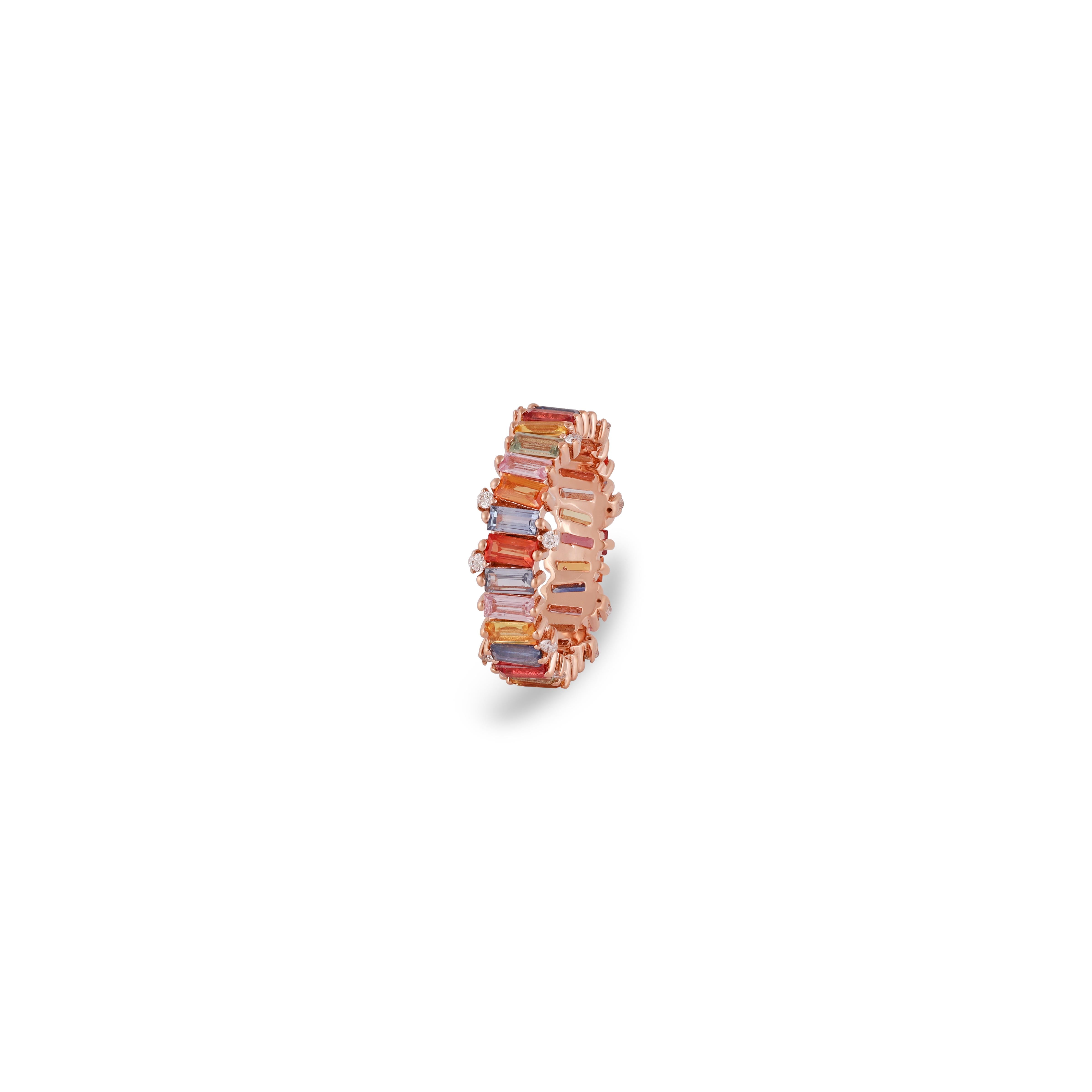 Baguette Cut 3.68 Carat Multi Sapphire Ring Band in 18K Gold For Sale