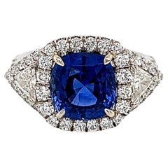 3.68 Carat Natural Ceylon Blue Sapphire Cushion Cut Ring with Trillion Diamonds