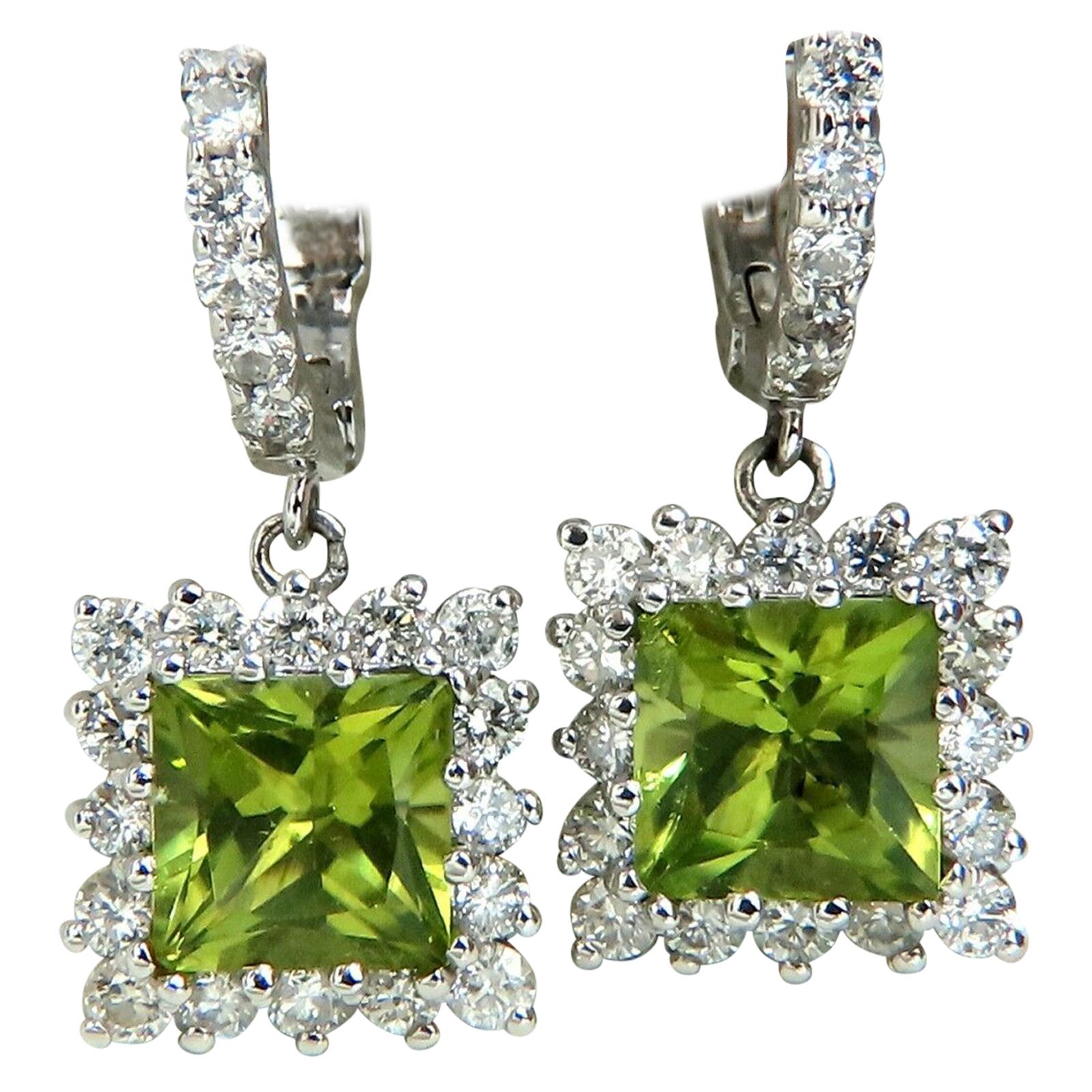 3.68 Carat Natural Peridot 1.36 Carat Diamond Dangle Earrings 14 Karat* For Sale