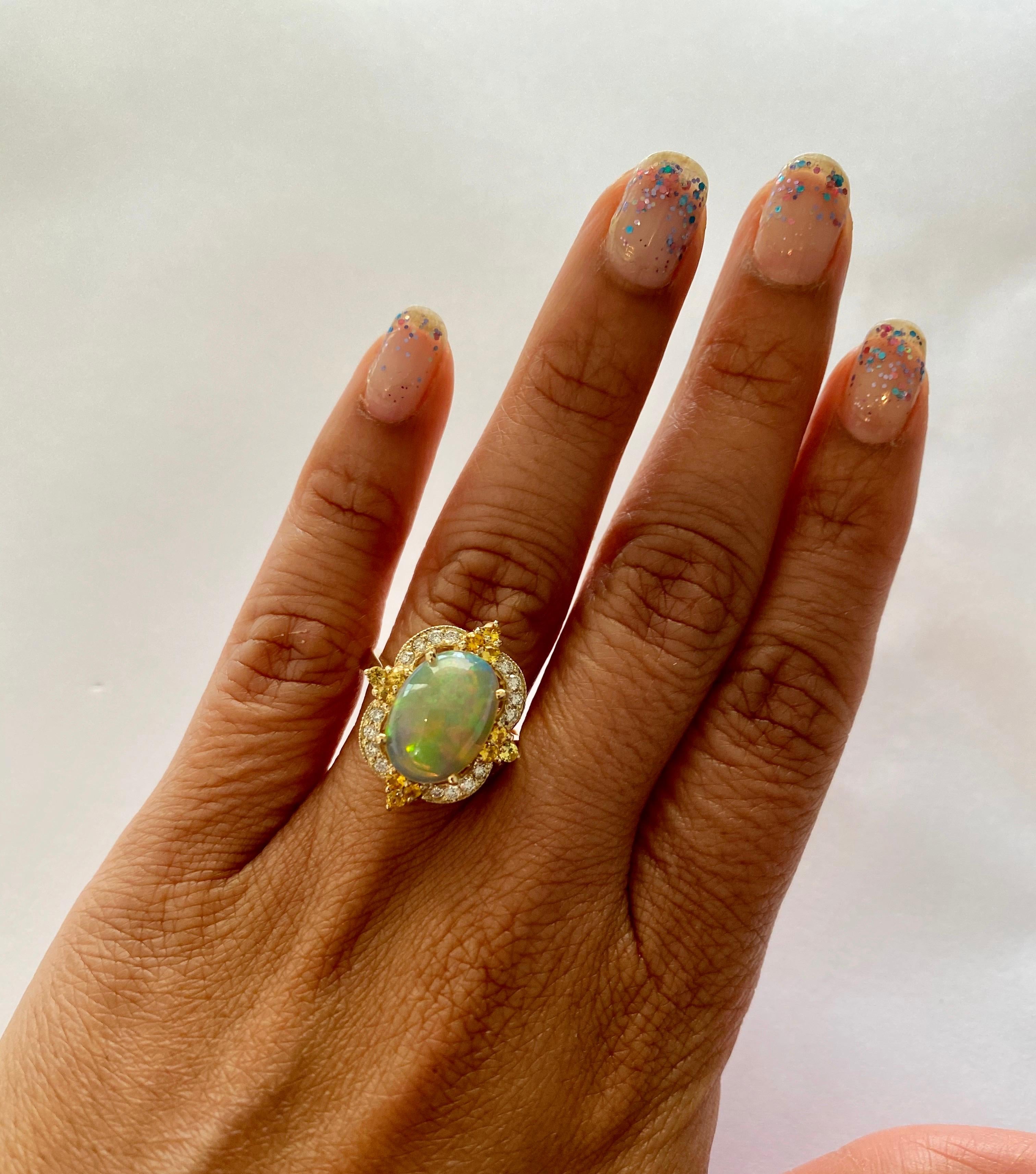 Contemporary 3.68 Carat Opal Sapphire Diamond 14 Karat Yellow Gold Ring