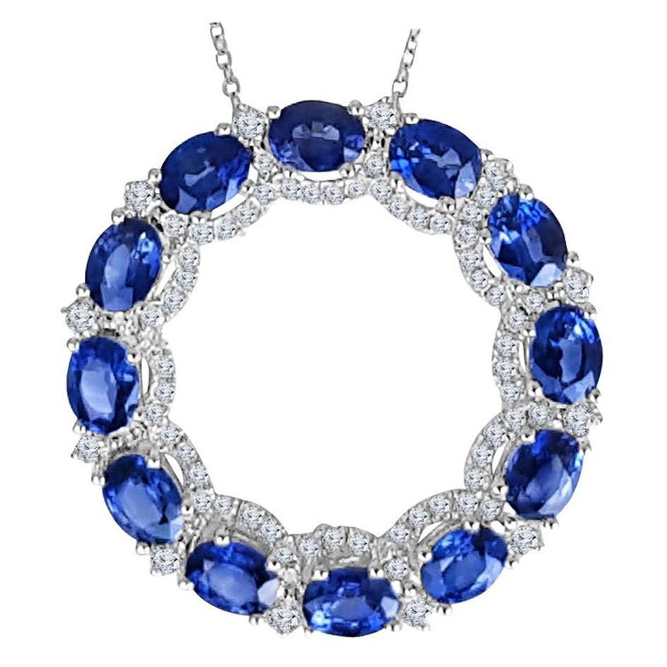 3.68 Carat Oval Cut Blue Sapphire and Round Diamond Pendant