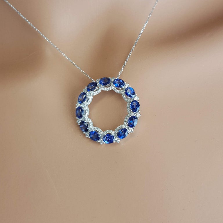 Women's 3.68 Carat Oval Cut Blue Sapphire and Round Diamond Pendant For Sale