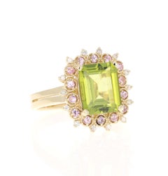 3.68 Carat Peridot Sapphire Diamond 14 Karat Yellow Gold Ring