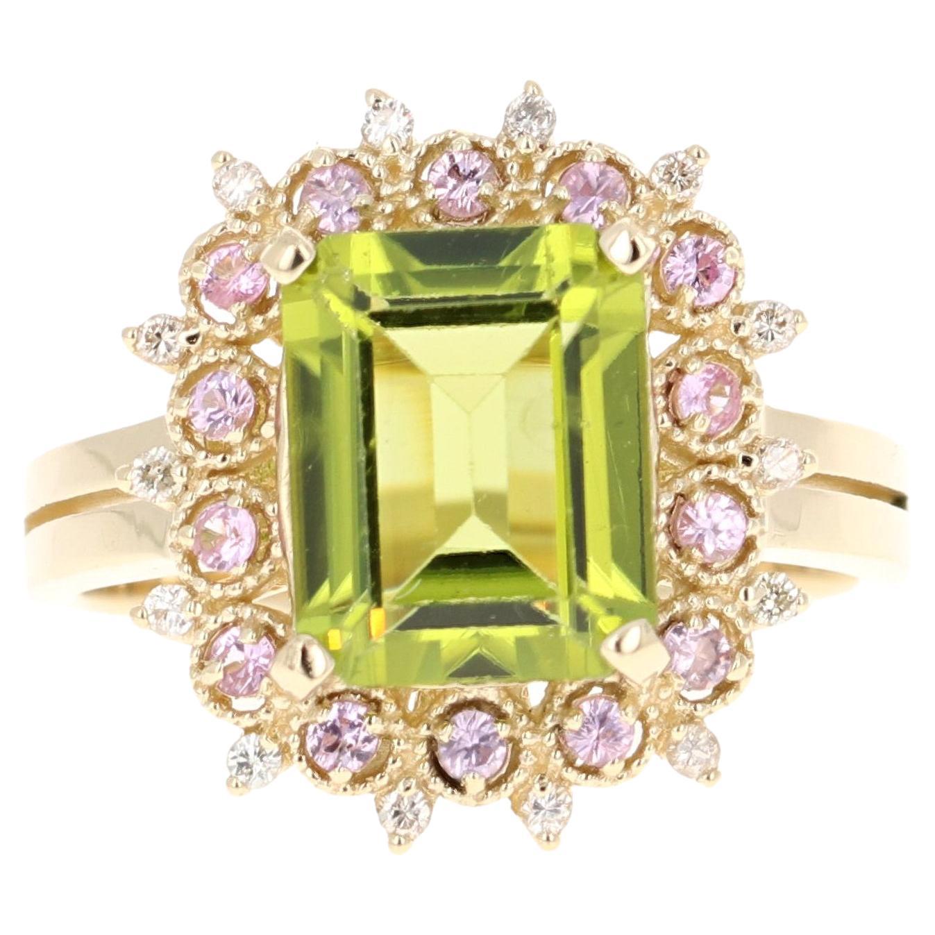 Anillo de oro amarillo de 14 quilates con diamante y zafiro peridoto de 3,68 quilates