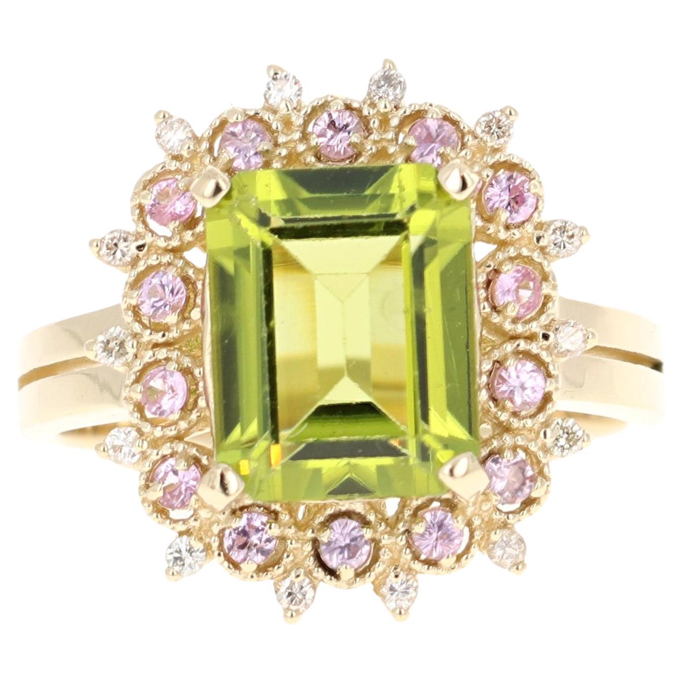 Bague en or jaune 14 carats avec péridot, saphir et diamant de 3,68 carats