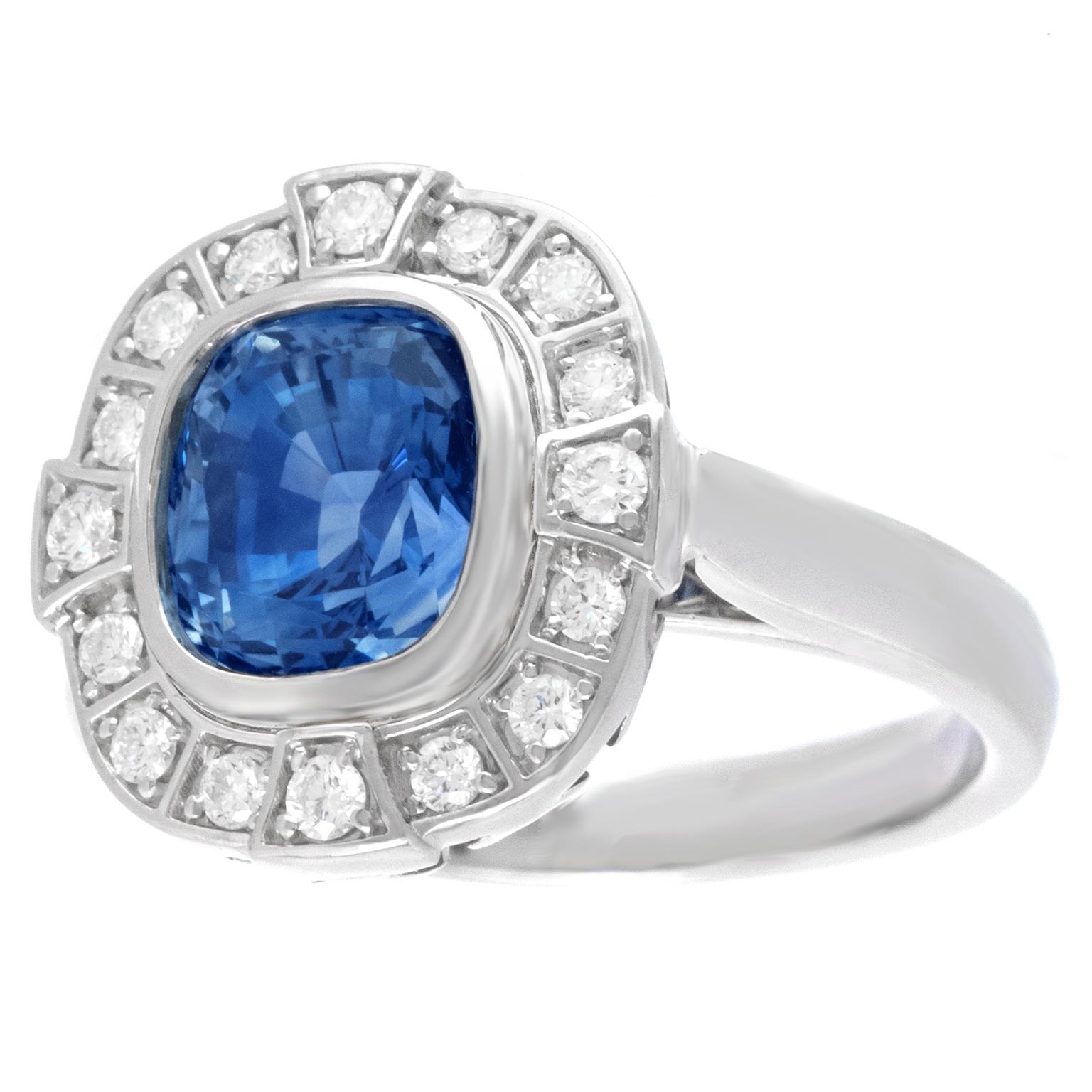 Cushion Cut 3.68 Carat Sapphire & Diamond Ring For Sale