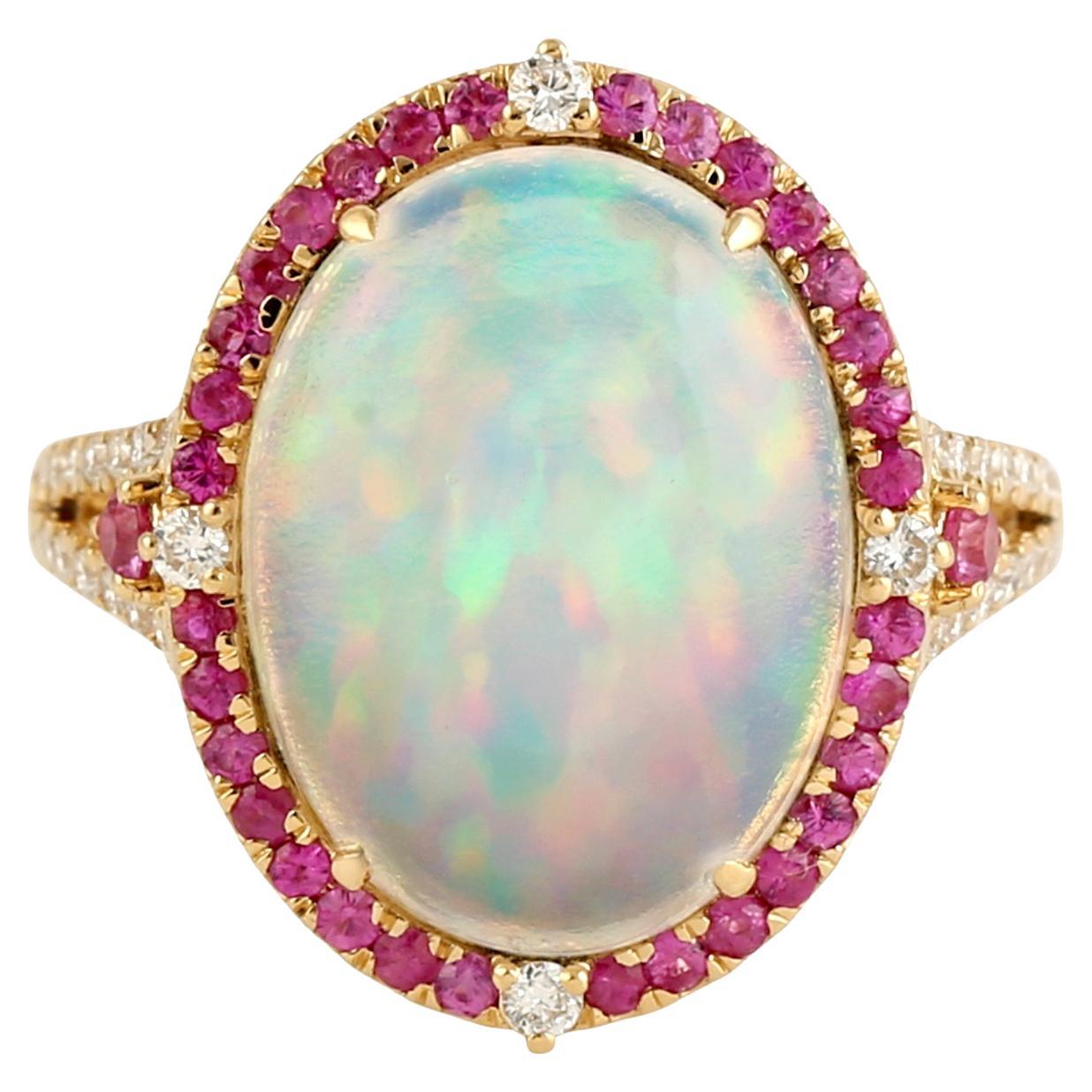 3,68 Karat äthiopischer Opal Rosa Saphir Diamant 14 Karat Gold Ring