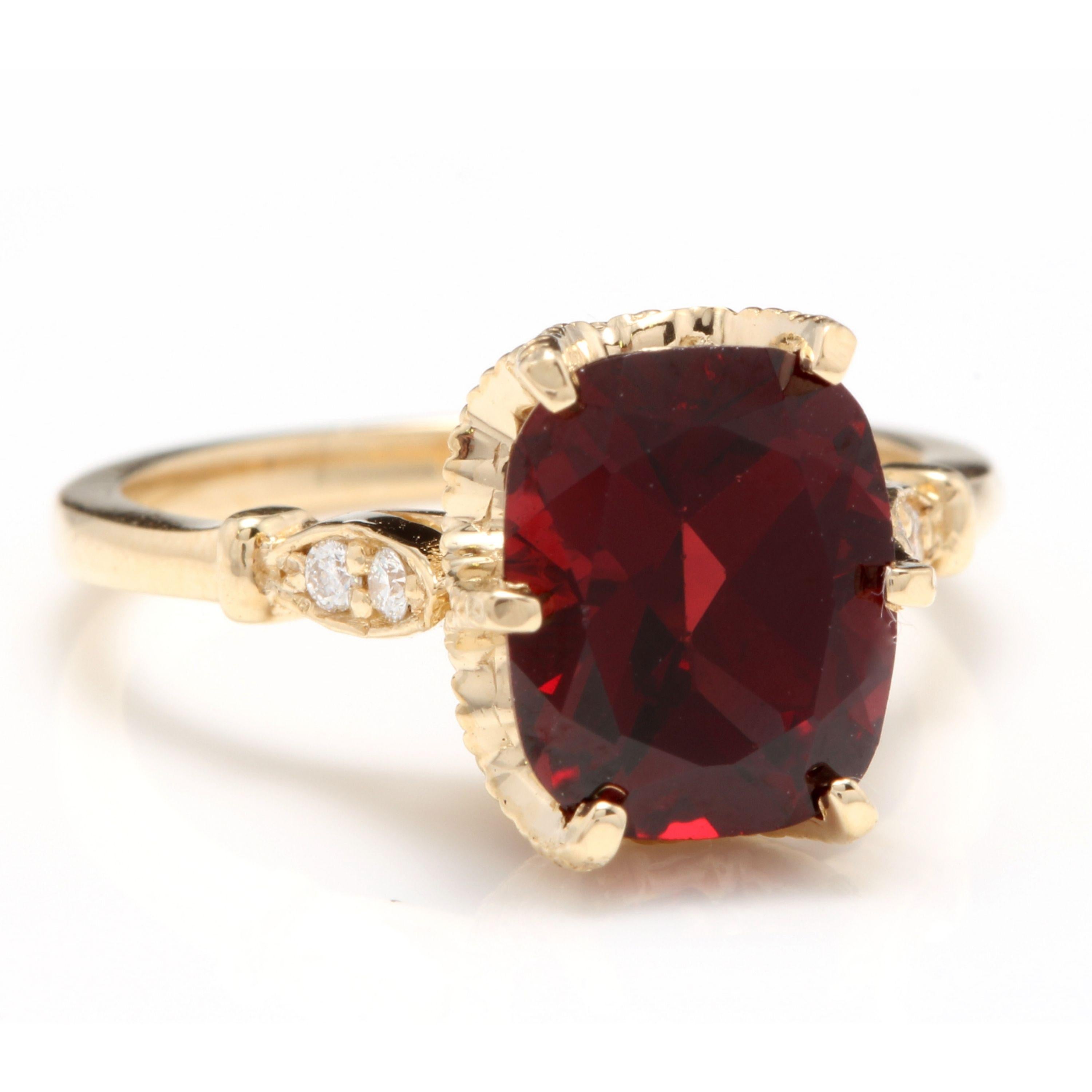 3.68 Carats Natural Garnet and Diamond 14K Solid Yellow Gold Ring

Total Natural Cushion Shaped Garnet Weights: Approx. 3.60 Carats

Garnet Measures: Approx. 10mm x 8mm

Natural Round Diamonds Weight: Approx. 0.08 Carats (color G-H / Clarity
