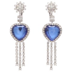 36.80 Carat Blue Sapphire Diamond 18 Karat Gold Heart Earrings