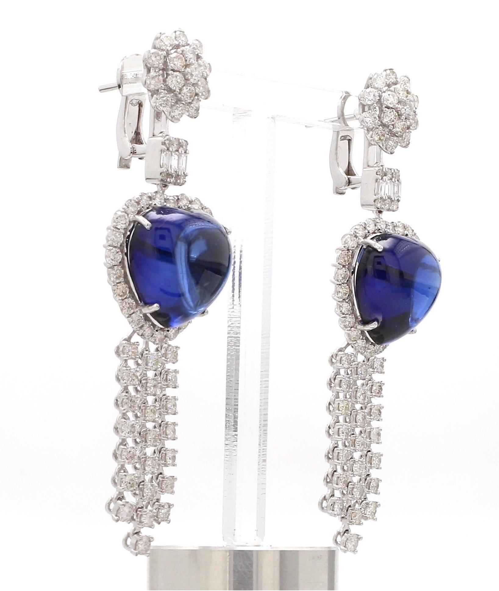 Heart Cut 36.80 Carat Blue Sapphire Diamond 18 Karat Gold Heart Earrings For Sale