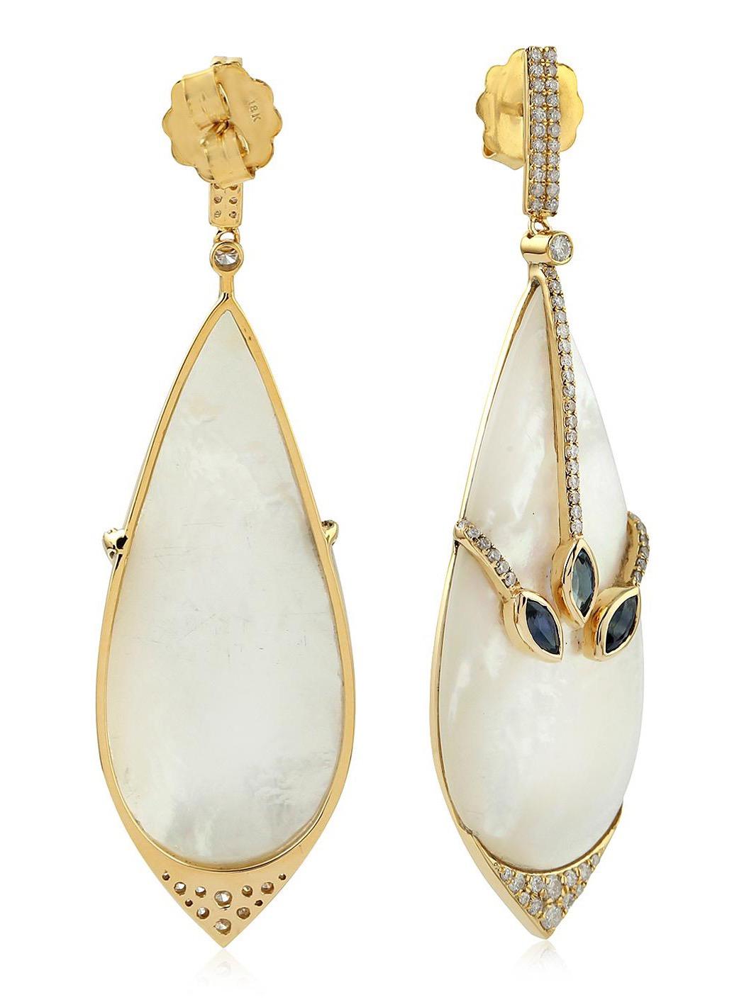 Modern 36.82 Carat Mother of Pearl Blue Sapphire Diamond 18 Karat Gold Wrap Earrings For Sale