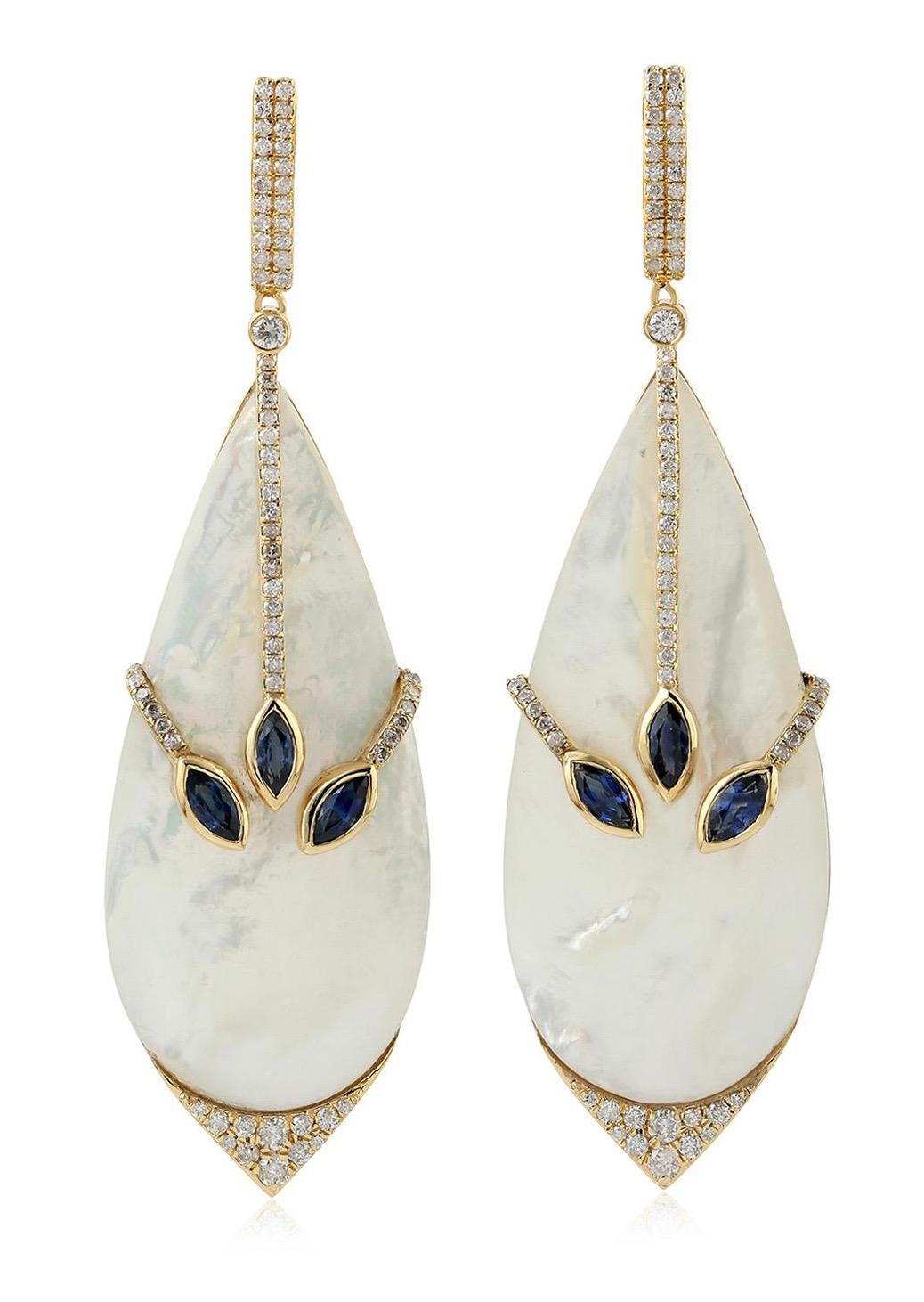 Pear Cut 36.82 Carat Mother of Pearl Blue Sapphire Diamond 18 Karat Gold Wrap Earrings For Sale