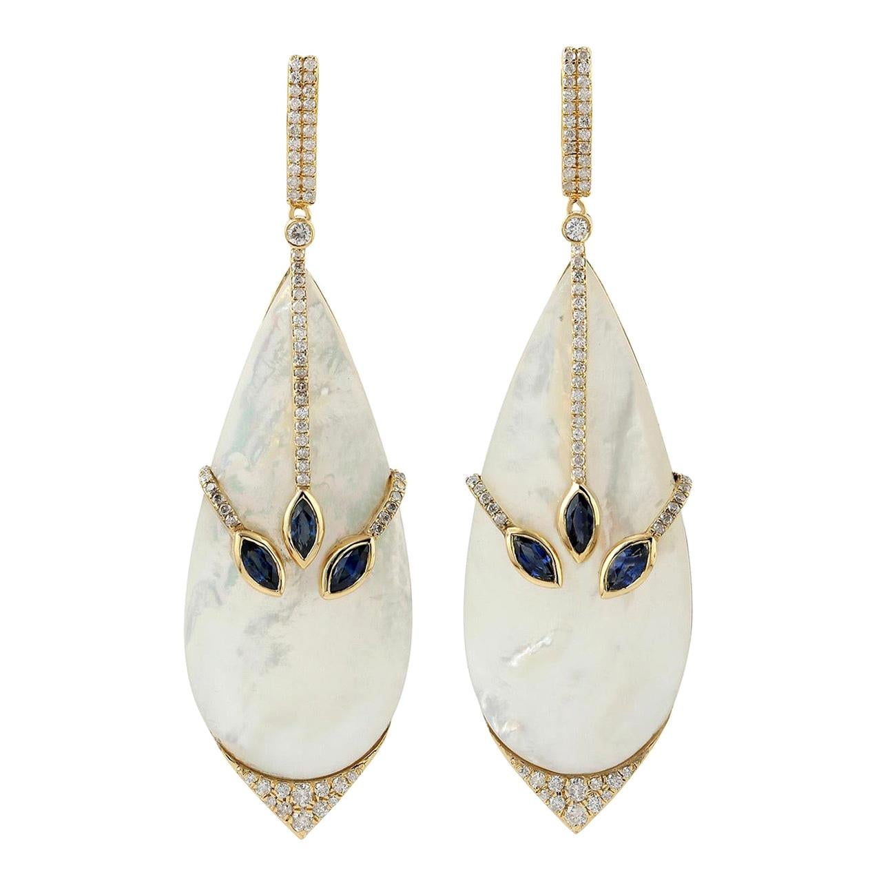 36.82 Carat Mother of Pearl Blue Sapphire Diamond 18 Karat Gold Wrap Earrings For Sale
