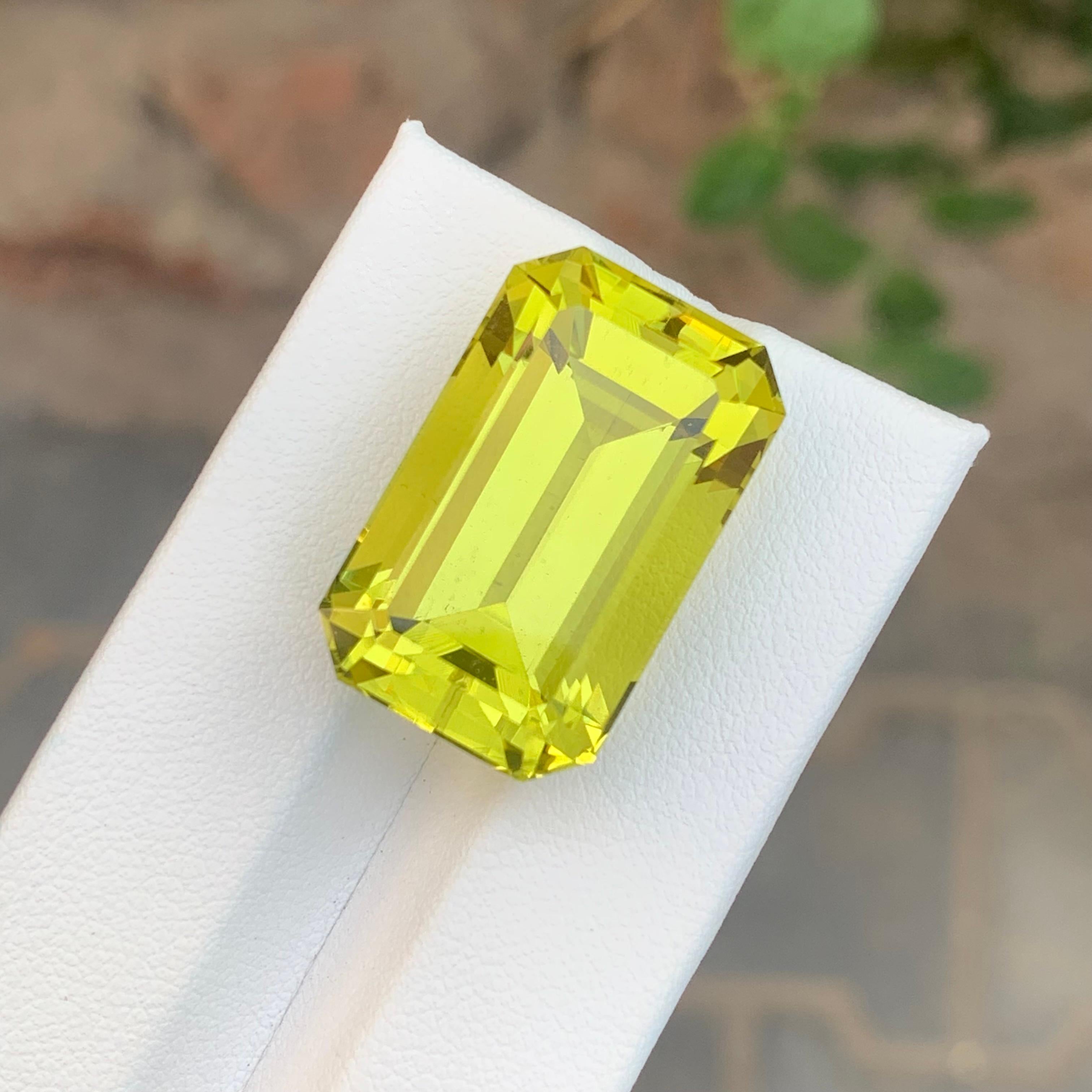 Women's or Men's 36.85 Carat Natural Loose Green Gold Lemon Quartz Emerald Shape Gemstone For Sale