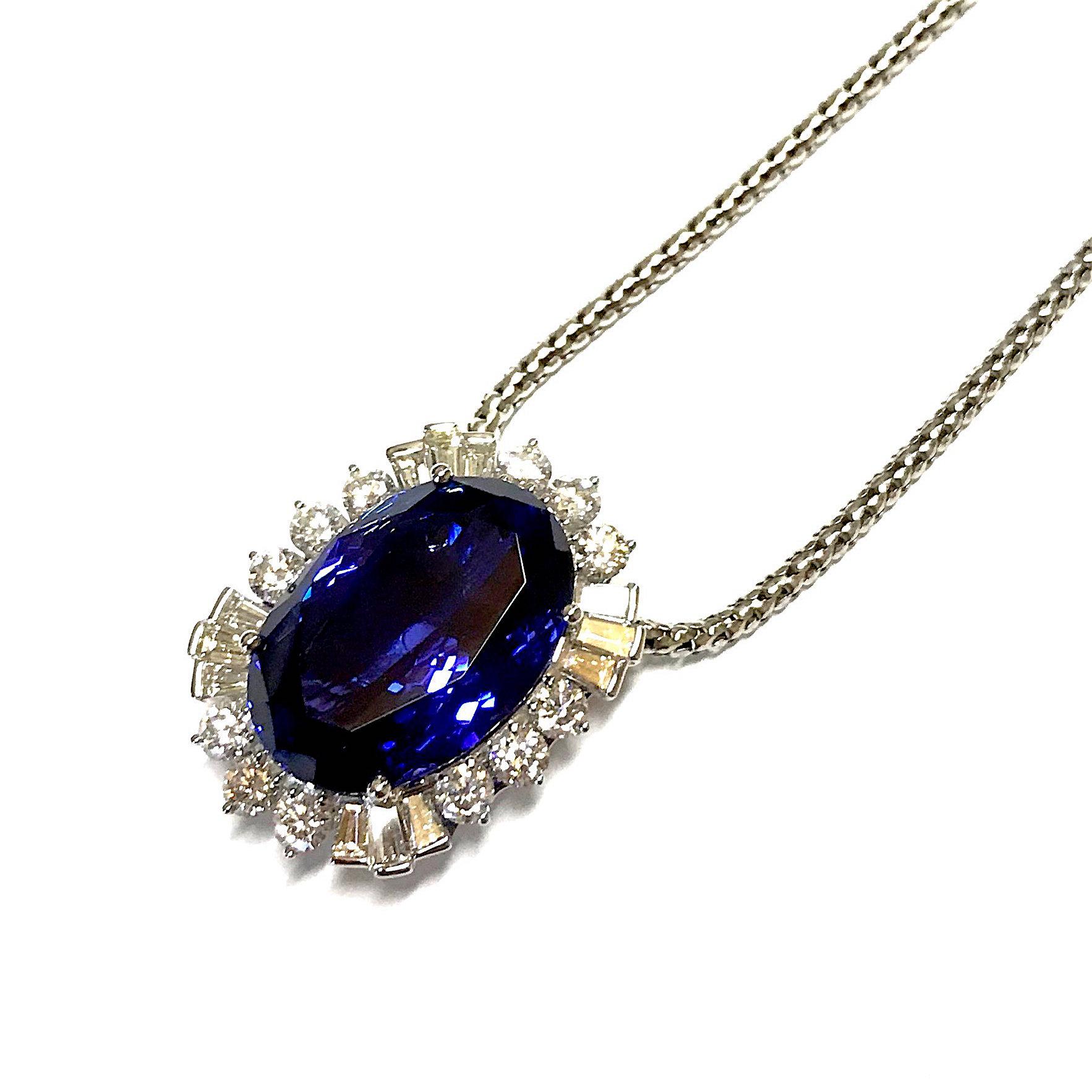 Oval Cut 36.86 Carat Oval Tanzanite and White Diamond and Baguette Necklace