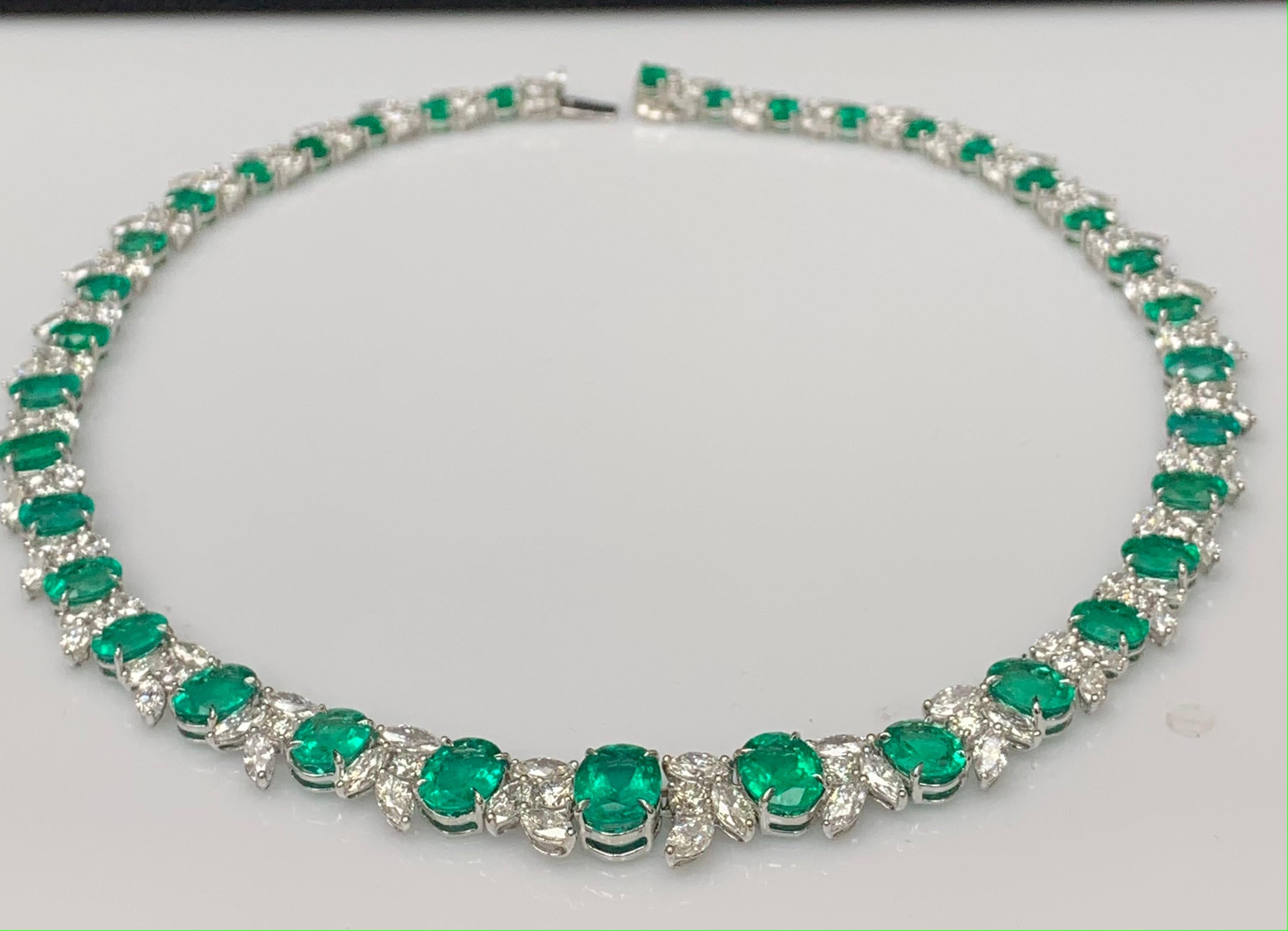 36.87 Carat Emerald and White mixed cut Diamond Necklace in 18k White Gold For Sale 6