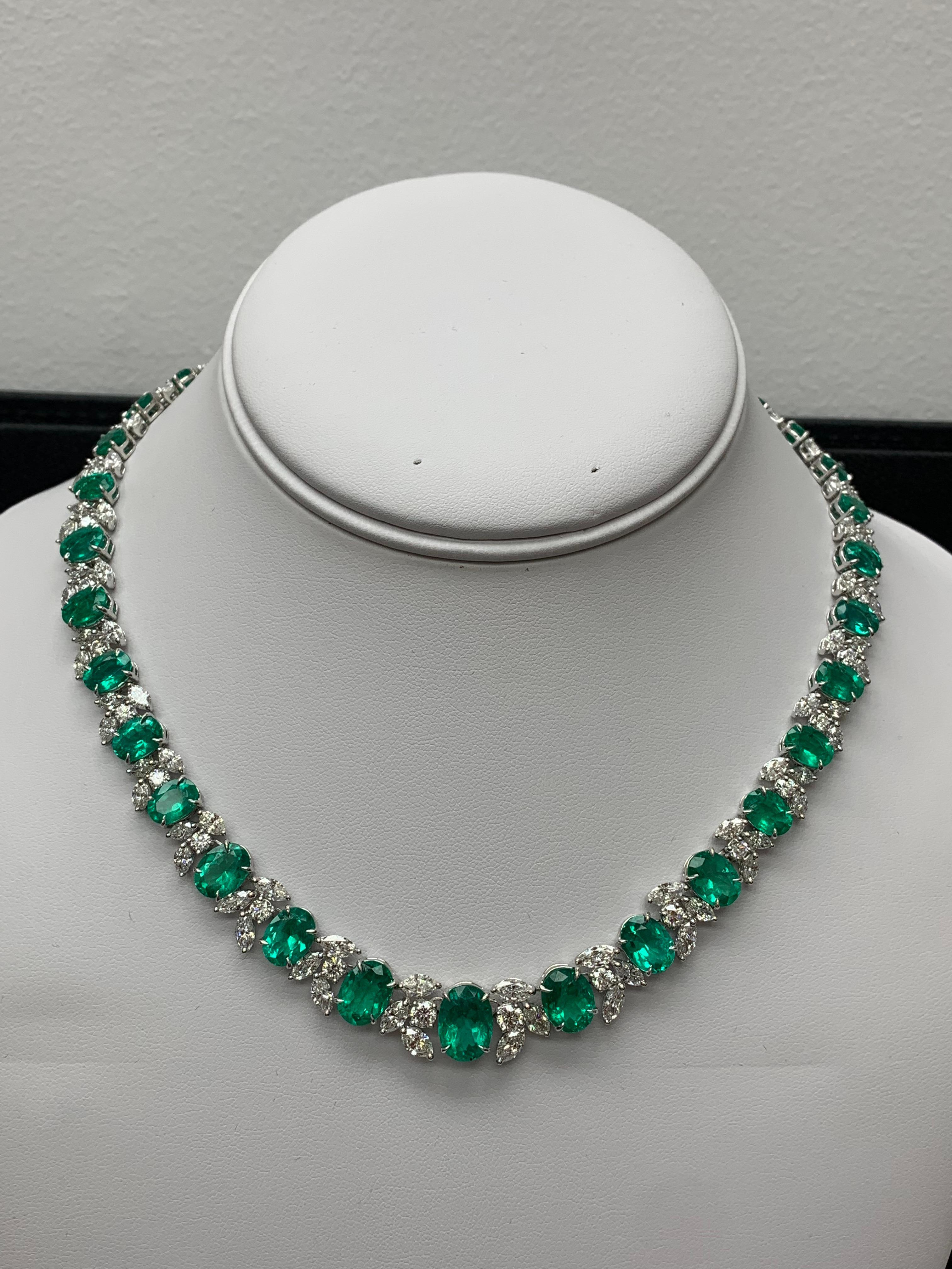 36.87 Carat Emerald and White mixed cut Diamond Necklace in 18k White Gold For Sale 10