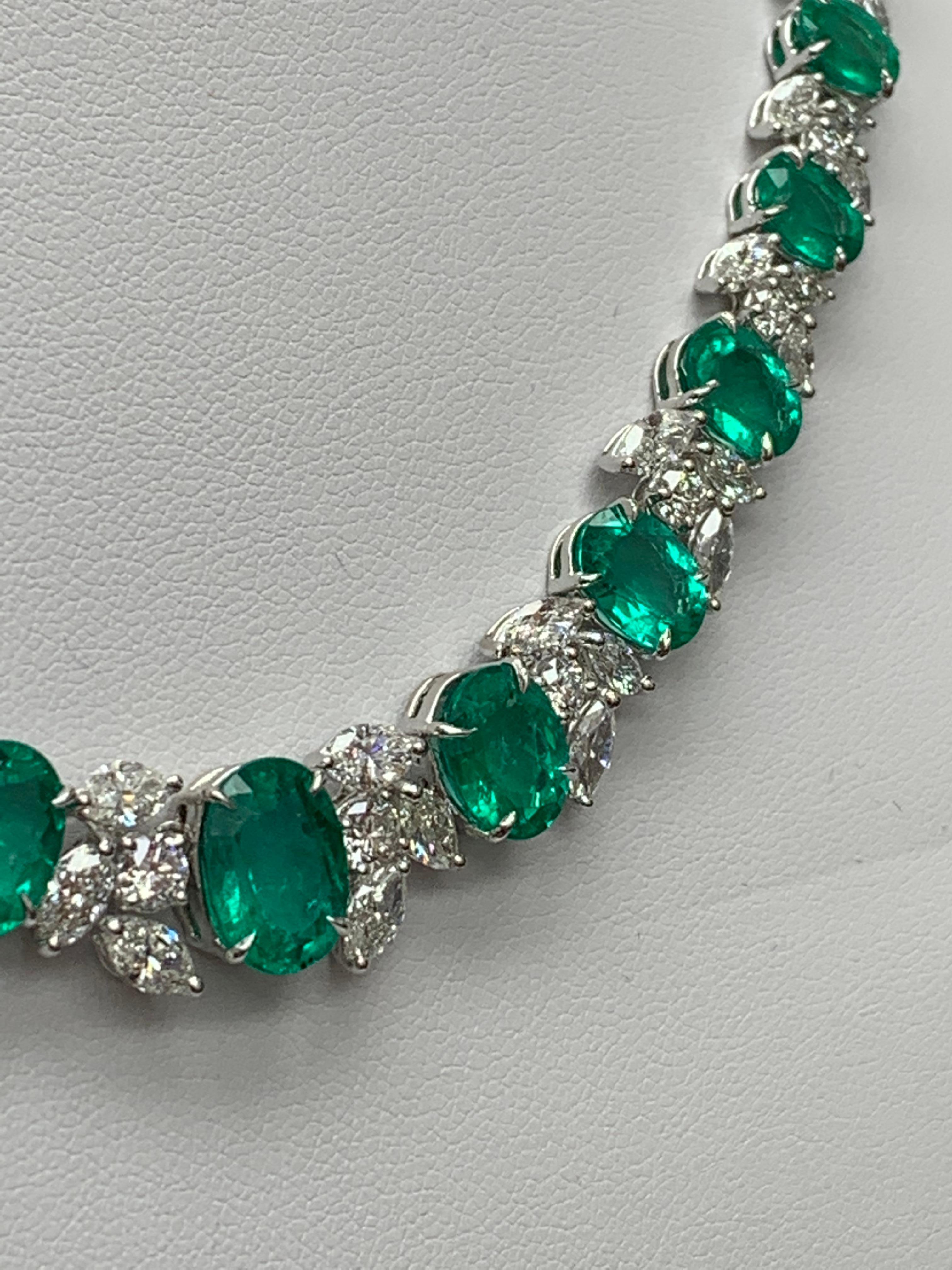 36.87 Carat Emerald and White mixed cut Diamond Necklace in 18k White Gold For Sale 1