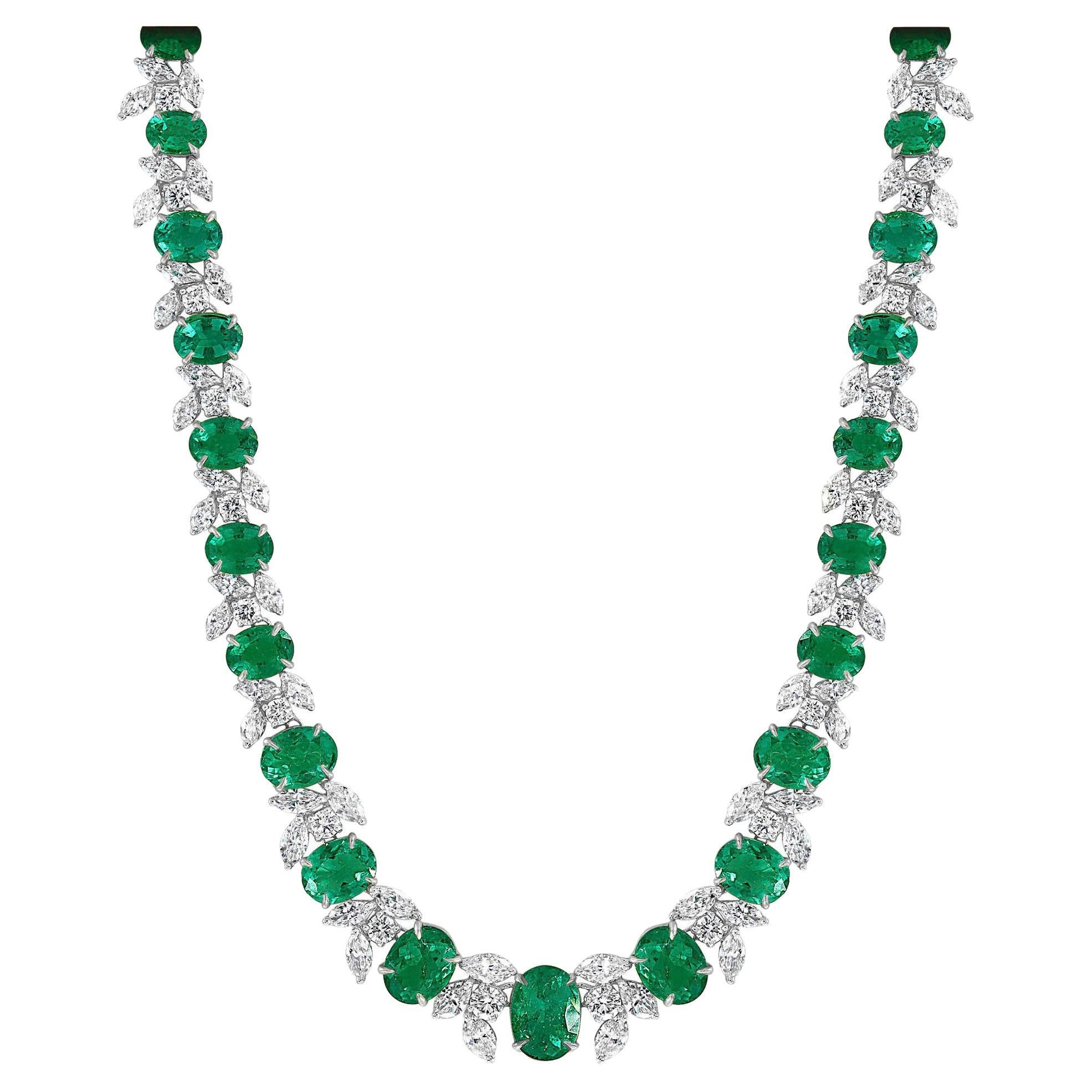 36.87 Carat Emerald and White mixed cut Diamond Necklace in 18k White Gold For Sale
