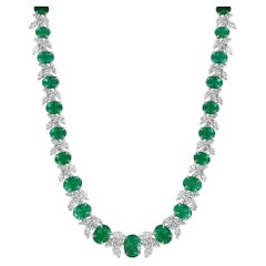 36.87 Carat Emerald and White mixed cut Diamond Necklace in 18k White Gold