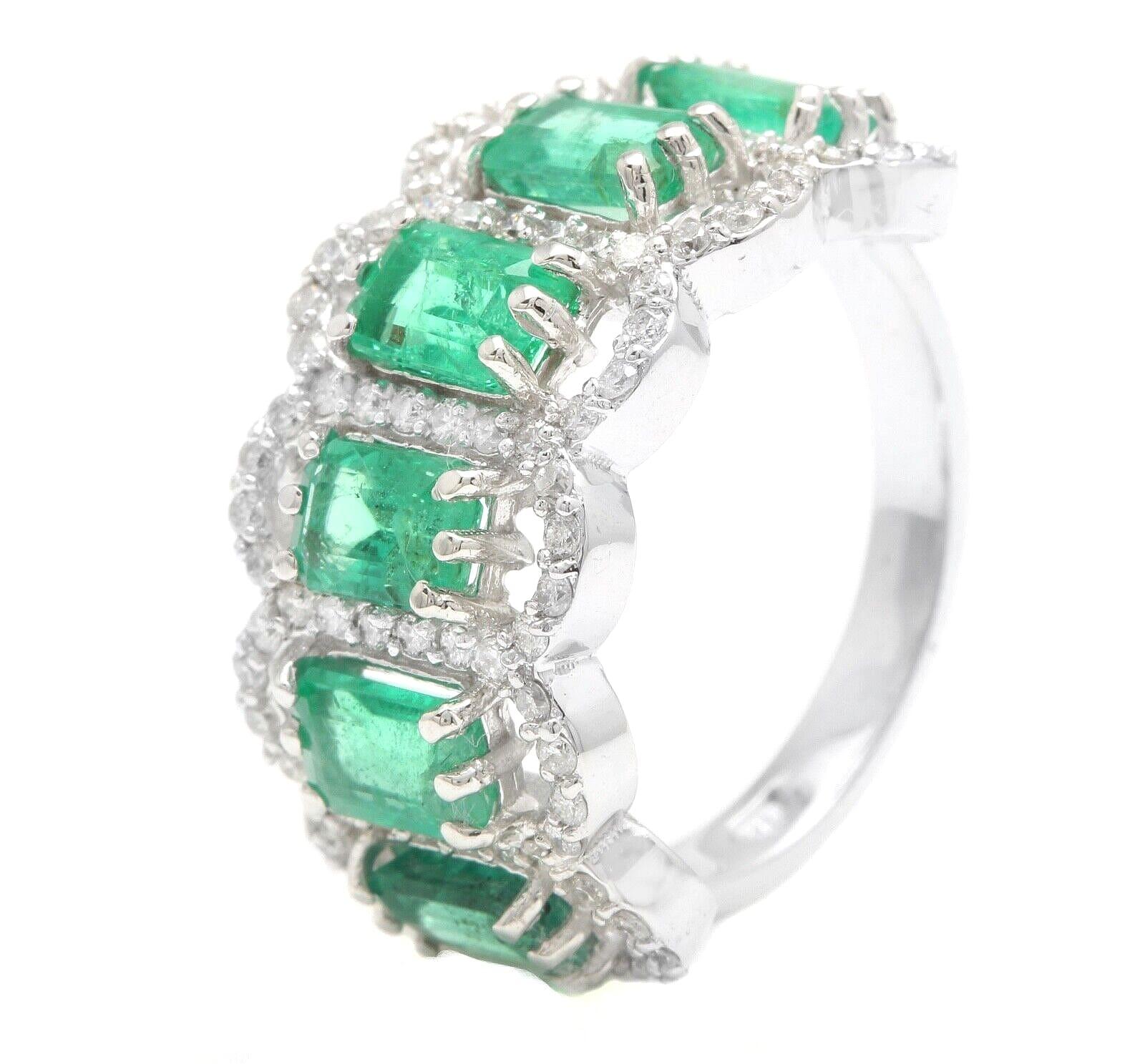 3.68 Carats Natural Emerald and Diamond 14K Solid White Gold Ring

Suggested Replacement Value: $6,500.00

Total Natural Green Emerald Weight is: Approx. 3.02 Carats 

Emerald Measures: Approx. 6.00 x 4.00 mm

Natural Round Diamonds Weight: Approx.