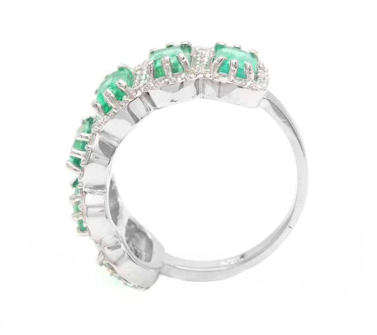 Bague De Fiançailles Or Blanc 14 Carats - Émeraude Naturelle 3,85 Ct Et Diamant - Création Unique