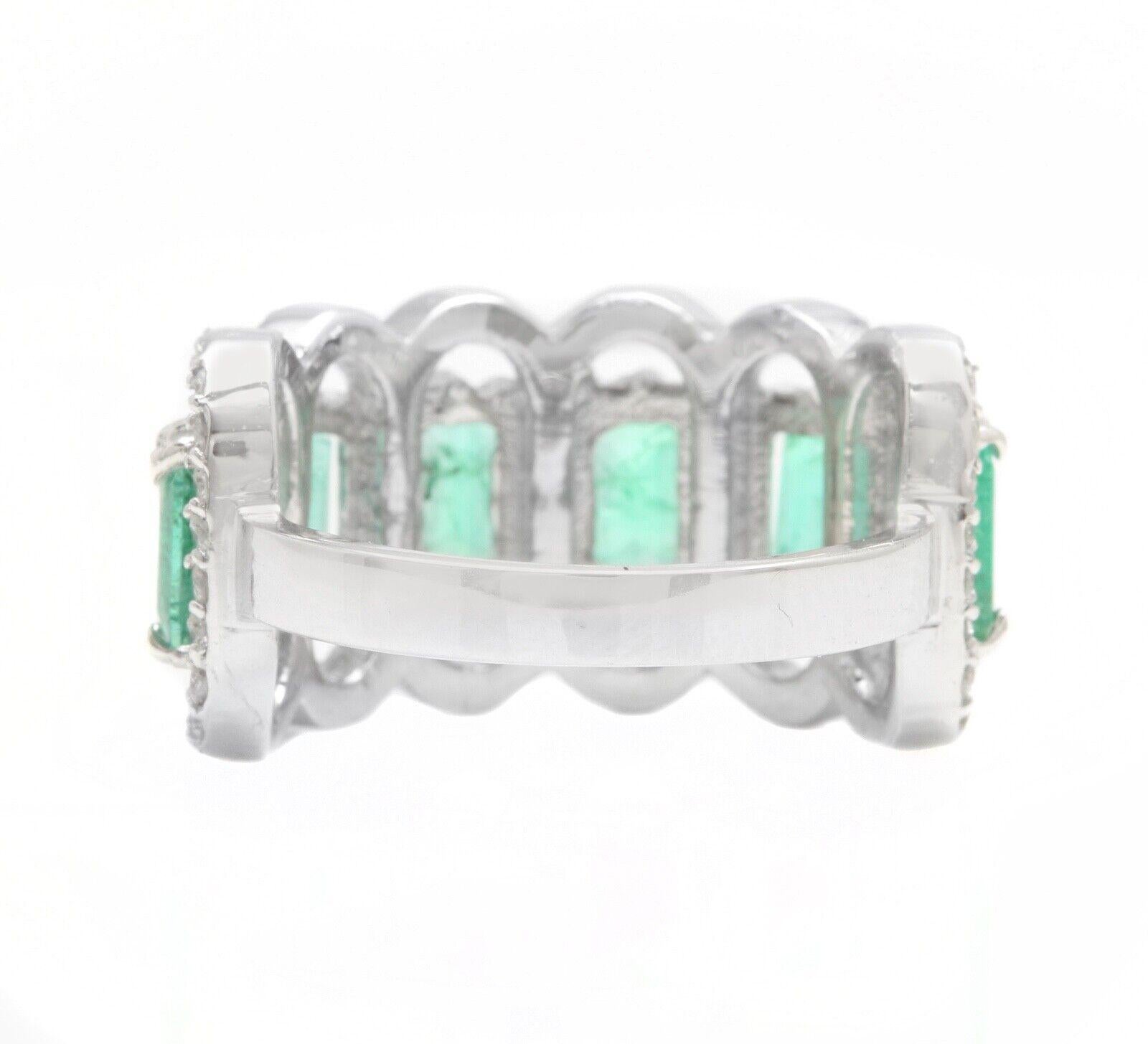 Women's 3.68ct Natural Emerald & Diamond 14K Solid White Gold Ring For Sale