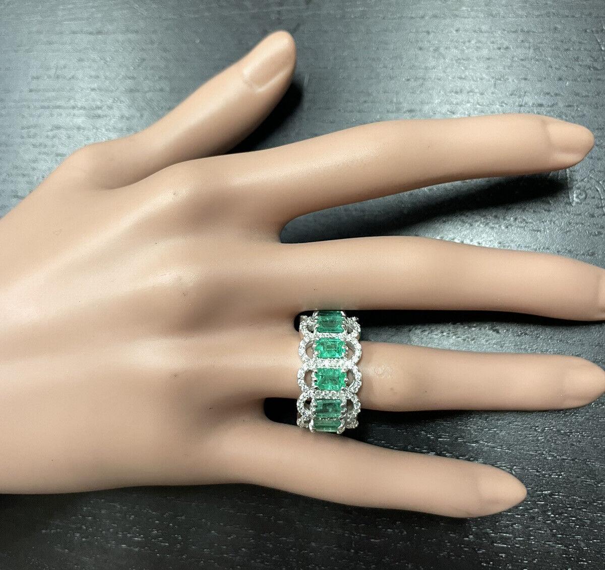 3.68ct Natural Emerald & Diamond 14K Solid White Gold Ring For Sale 1