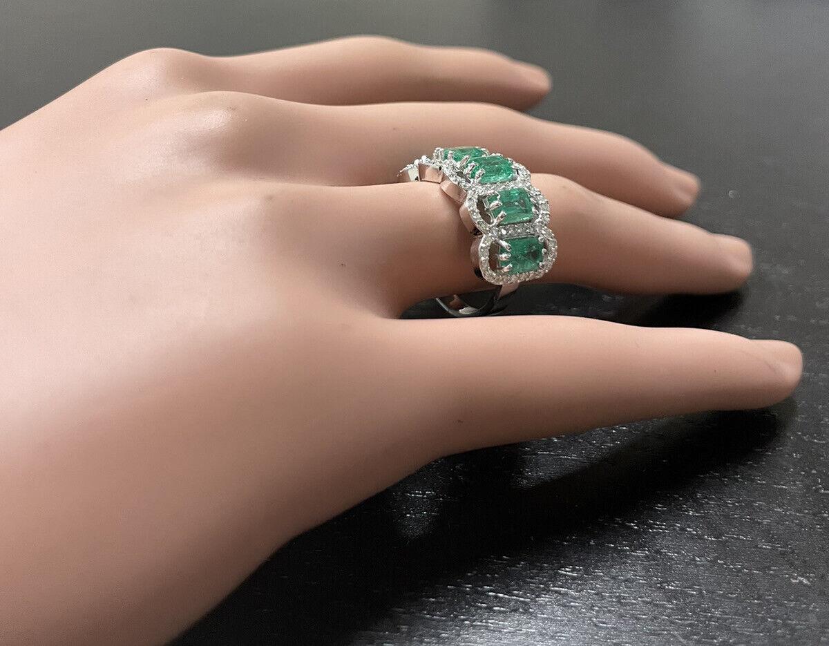 3.68ct Natural Emerald & Diamond 14K Solid White Gold Ring For Sale 4