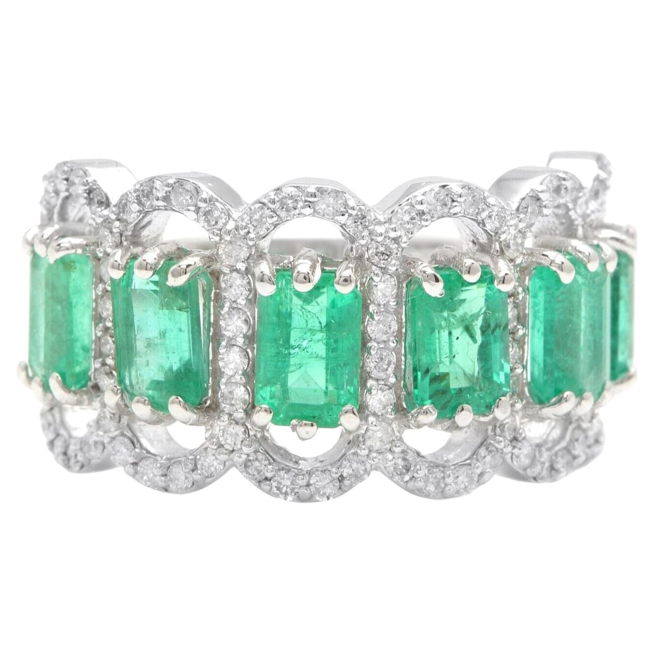 3.68ct Natural Emerald & Diamond 14K Solid White Gold Ring For Sale