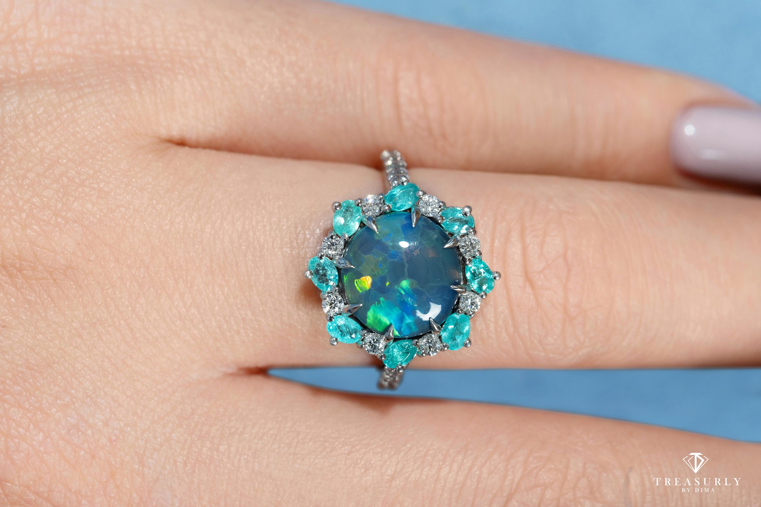 3.68ct Australian Black Opal Paraiba Tourmaline Diamond Cluster Platinum Ring 11