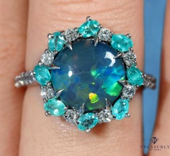3.68ct Australian Black Opal Paraiba Tourmaline Diamond Cluster Platinum Ring