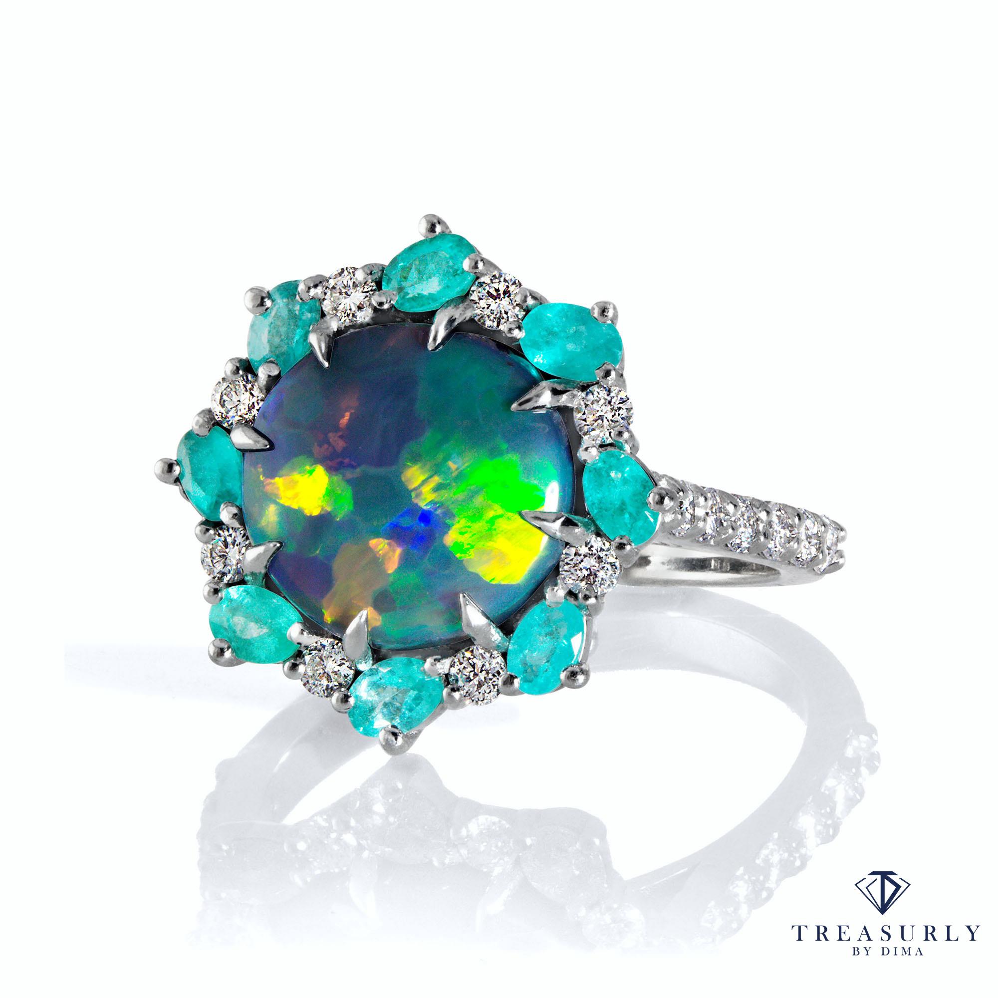 3.68ct Australian Black Opal Paraiba Tourmaline Diamond Cluster Platinum Ring Damen