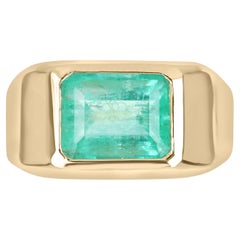3.68cts Emerald Cut Colombian Emerald Bezel Signet Solitaire Ring 14K