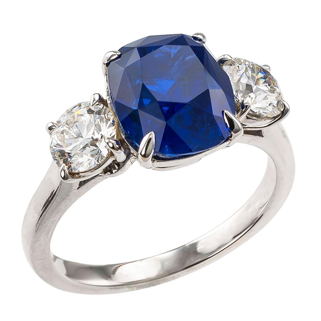 3.69 Carat Ceylon Sapphire Diamond Three-Stone Platinum Ring