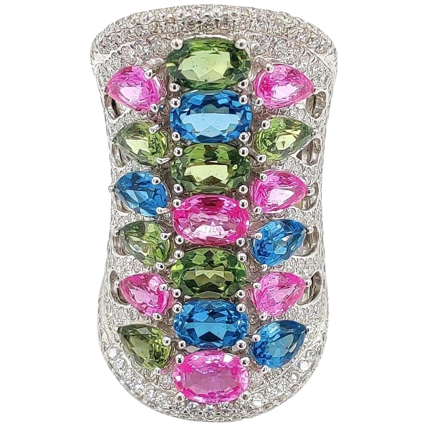 3.69 Carat Diamond Multi Sapphire 18 Karat White Gold Statement Ring For Sale