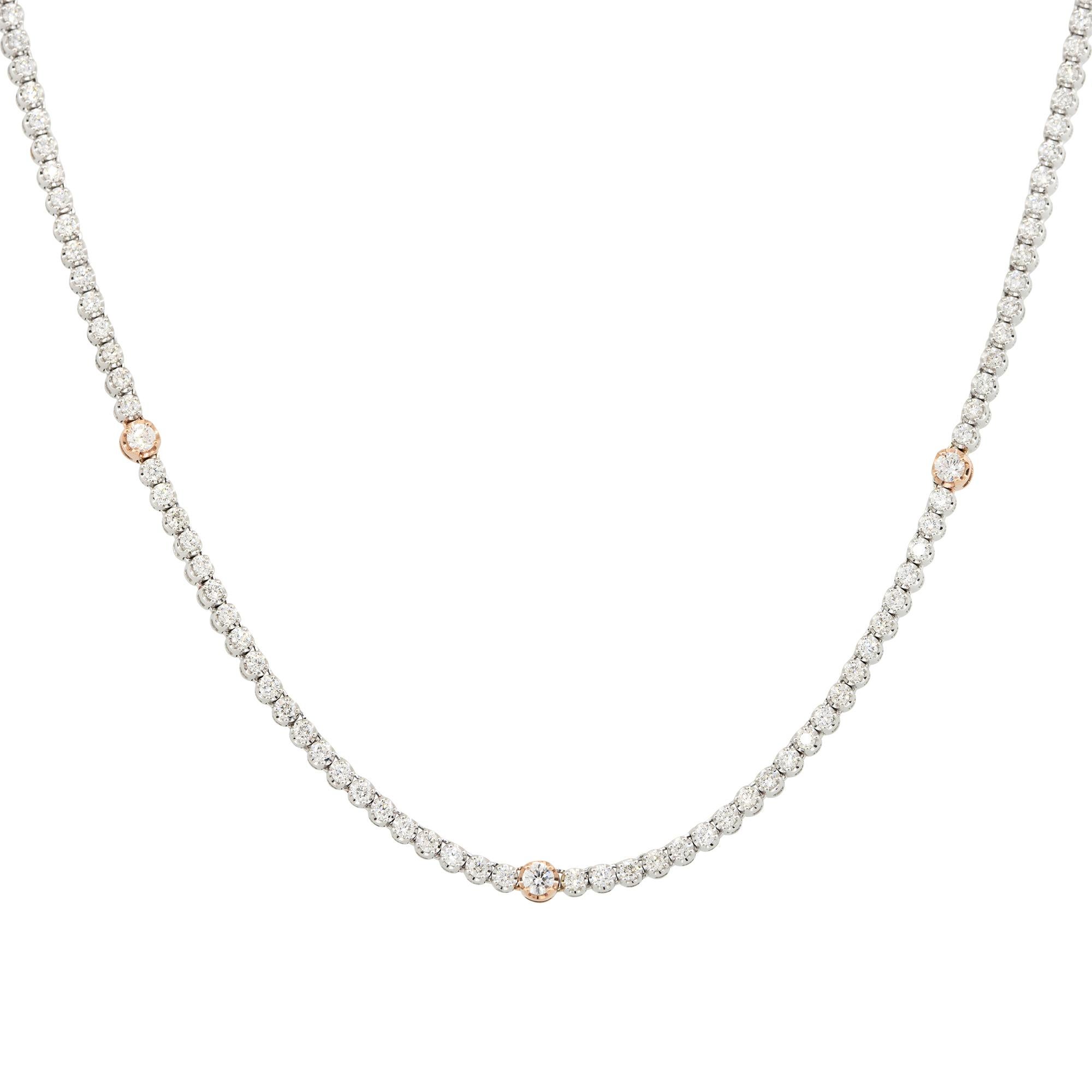 Round Cut 3.69 Carat Diamond Tennis Necklace with Diamond Stations 14 Karat in Stock For Sale