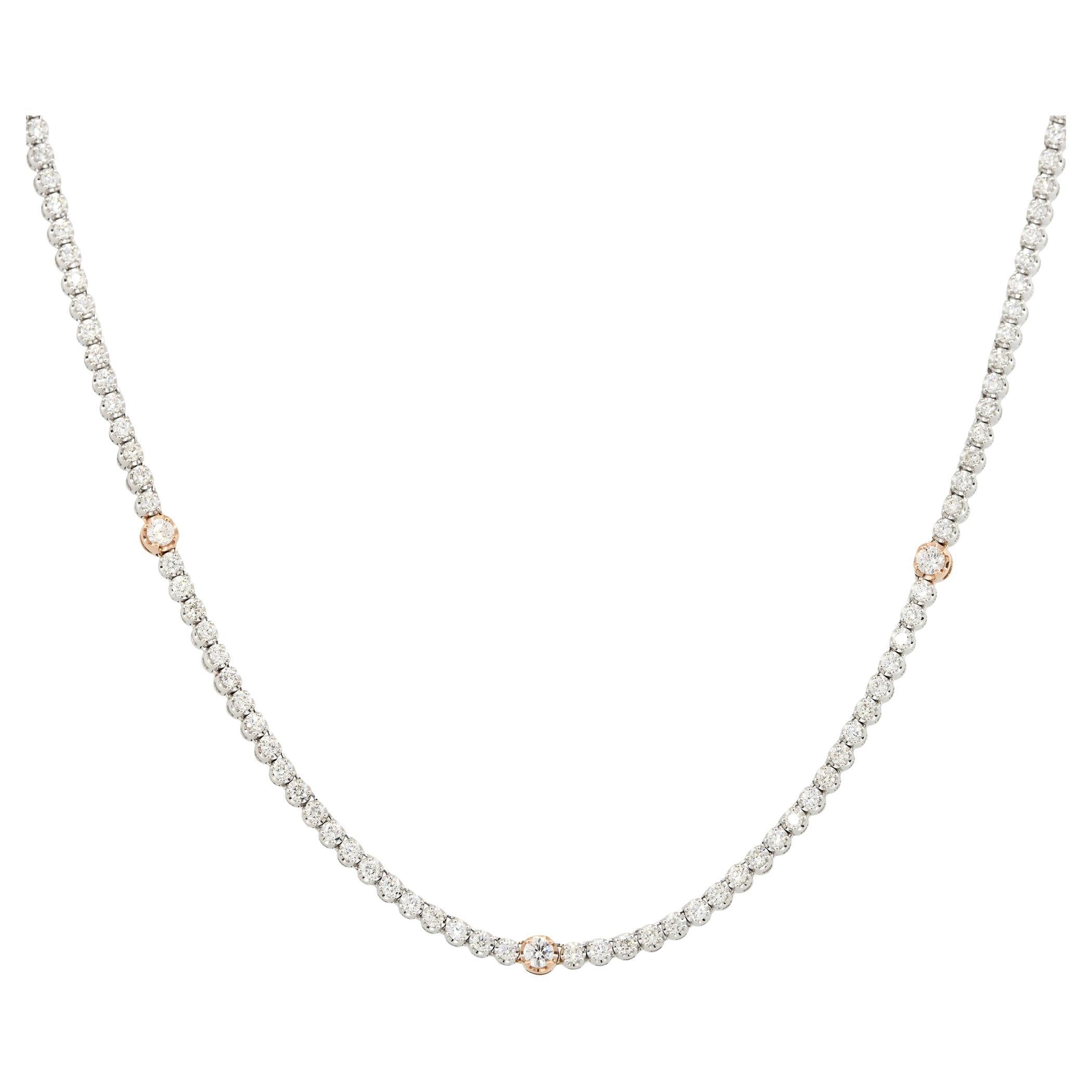 3.69 Carat Diamond Tennis Necklace with Diamond Stations 14 Karat in Stock For Sale