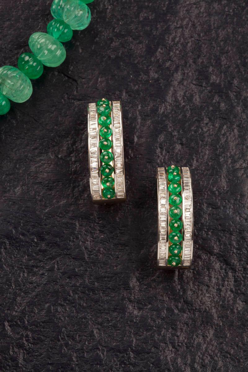 Women's 3.69 Carat Emerald Bead and Diamond Baguette 18kt Gold Linear Hoop Earrings For Sale