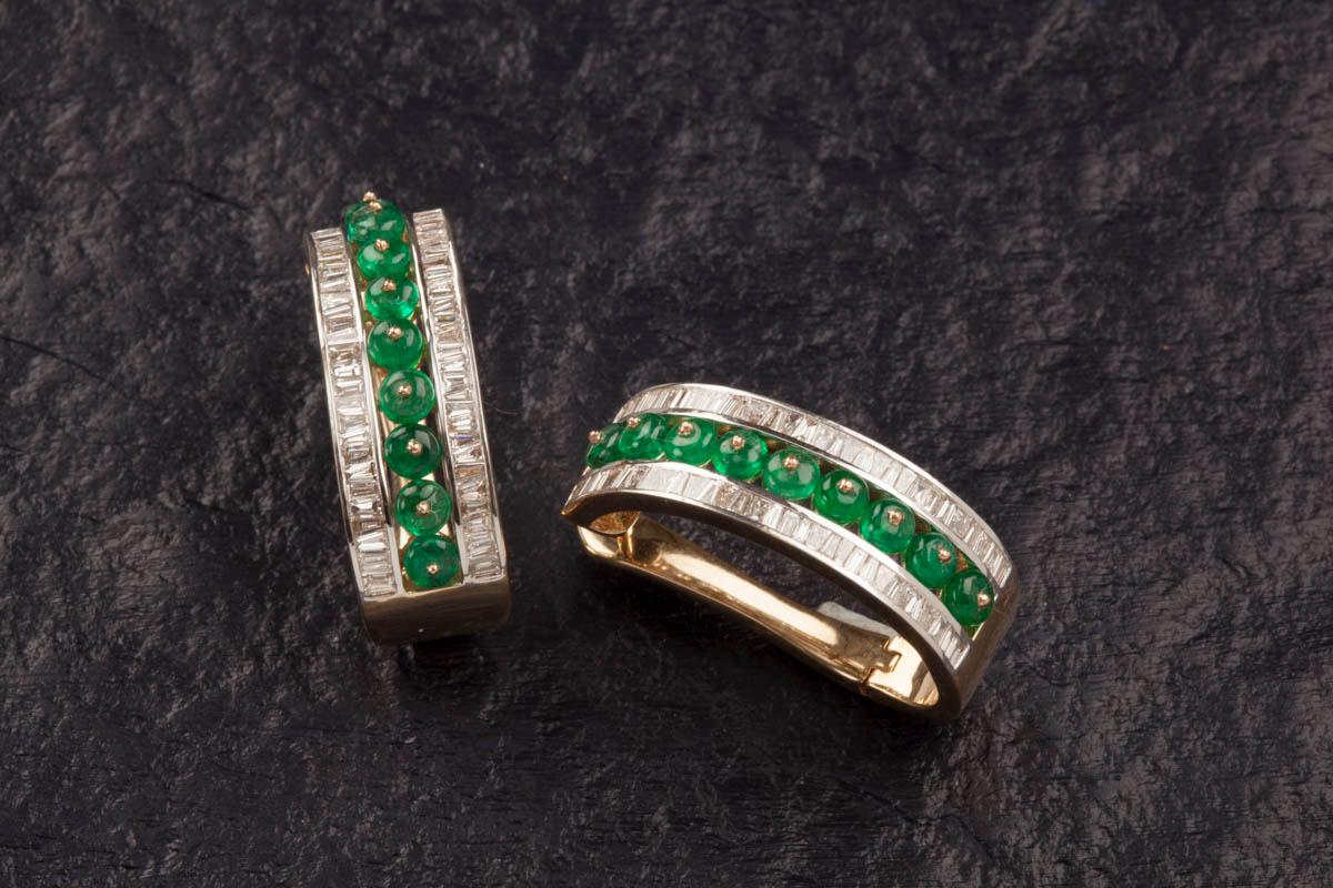 3.69 Carat Emerald Bead and Diamond Baguette 18kt Gold Linear Hoop Earrings For Sale 1