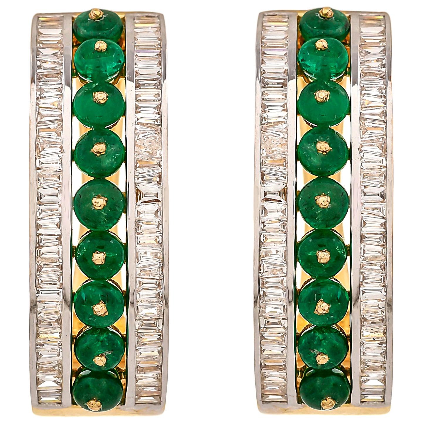 3.69 Carat Emerald Bead and Diamond Baguette 18kt Gold Linear Hoop Earrings For Sale