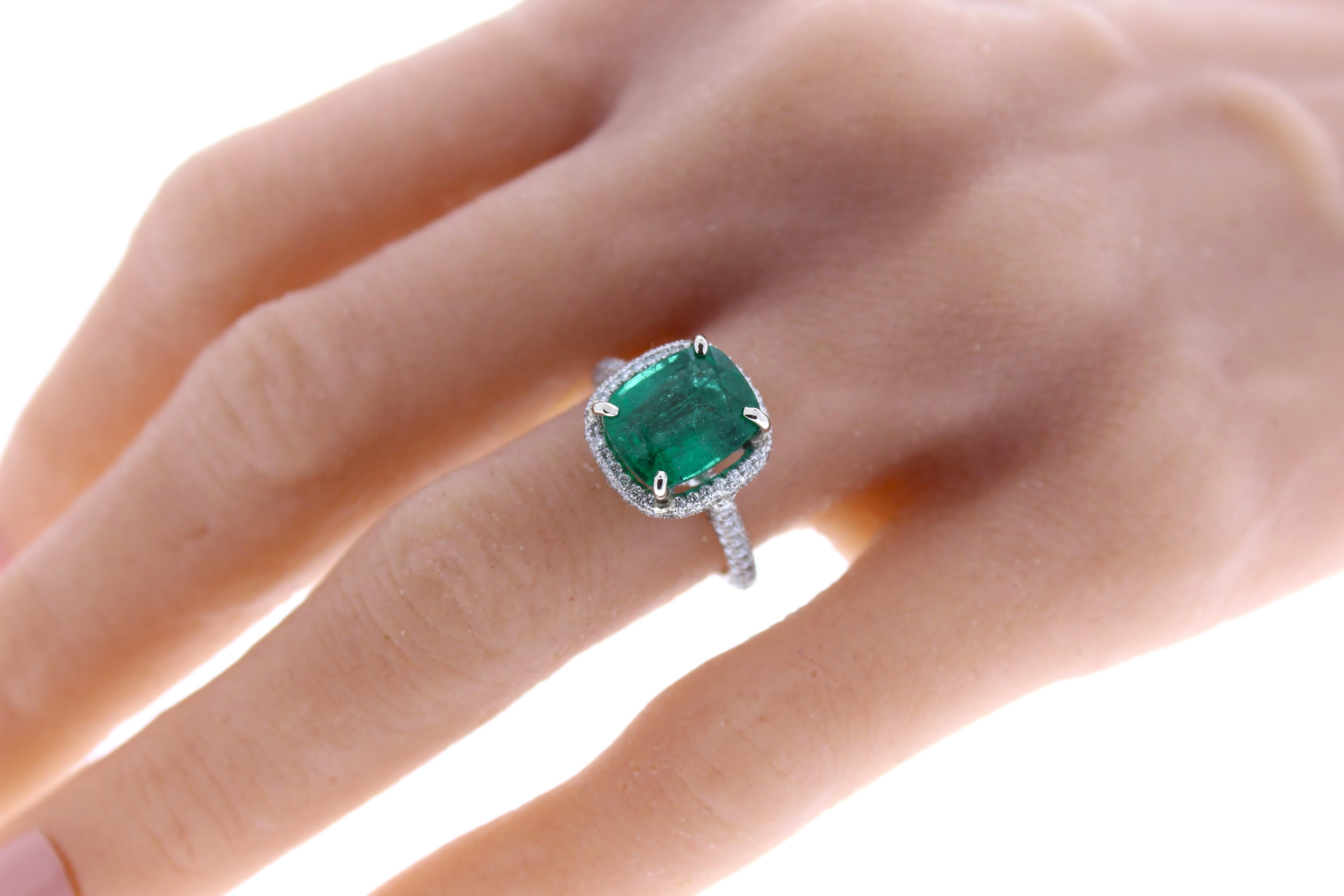Contemporary 3.69 Carat Green Emerald Cushion Shape & Diamond Ring in Platinum For Sale