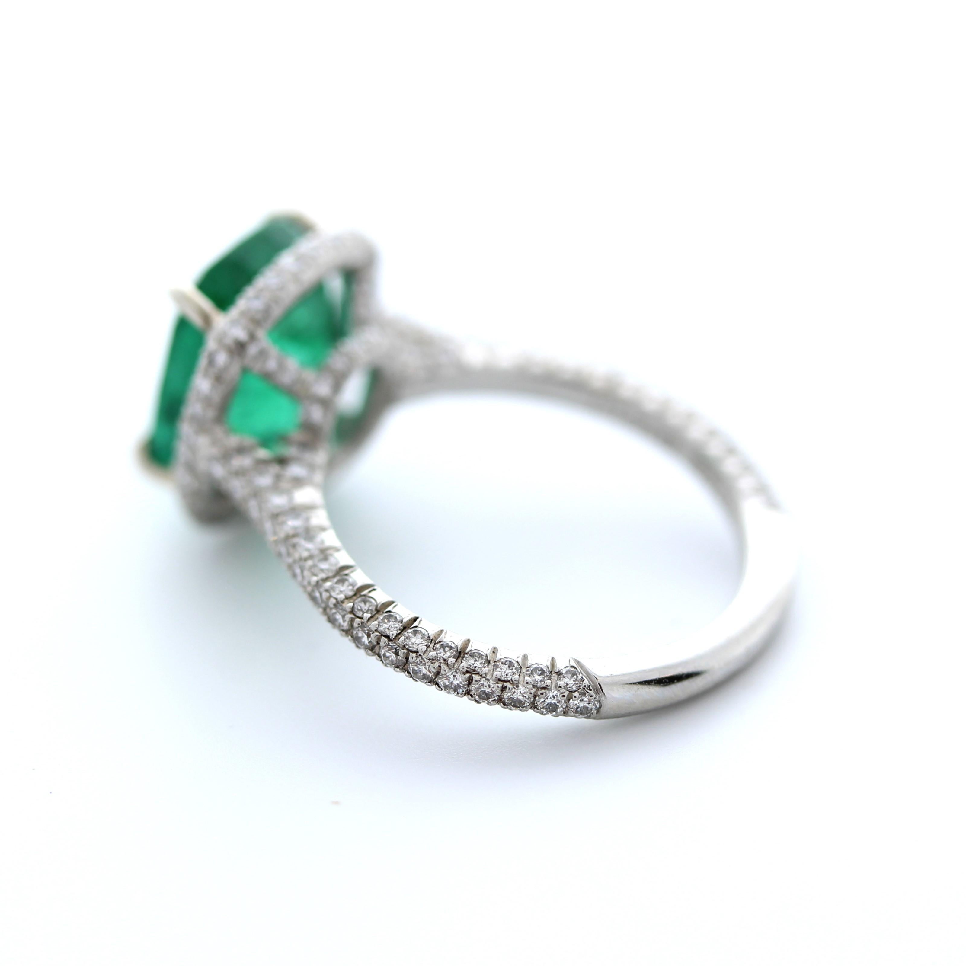Cushion Cut 3.69 Carat Green Emerald Cushion Shape & Diamond Ring in Platinum For Sale