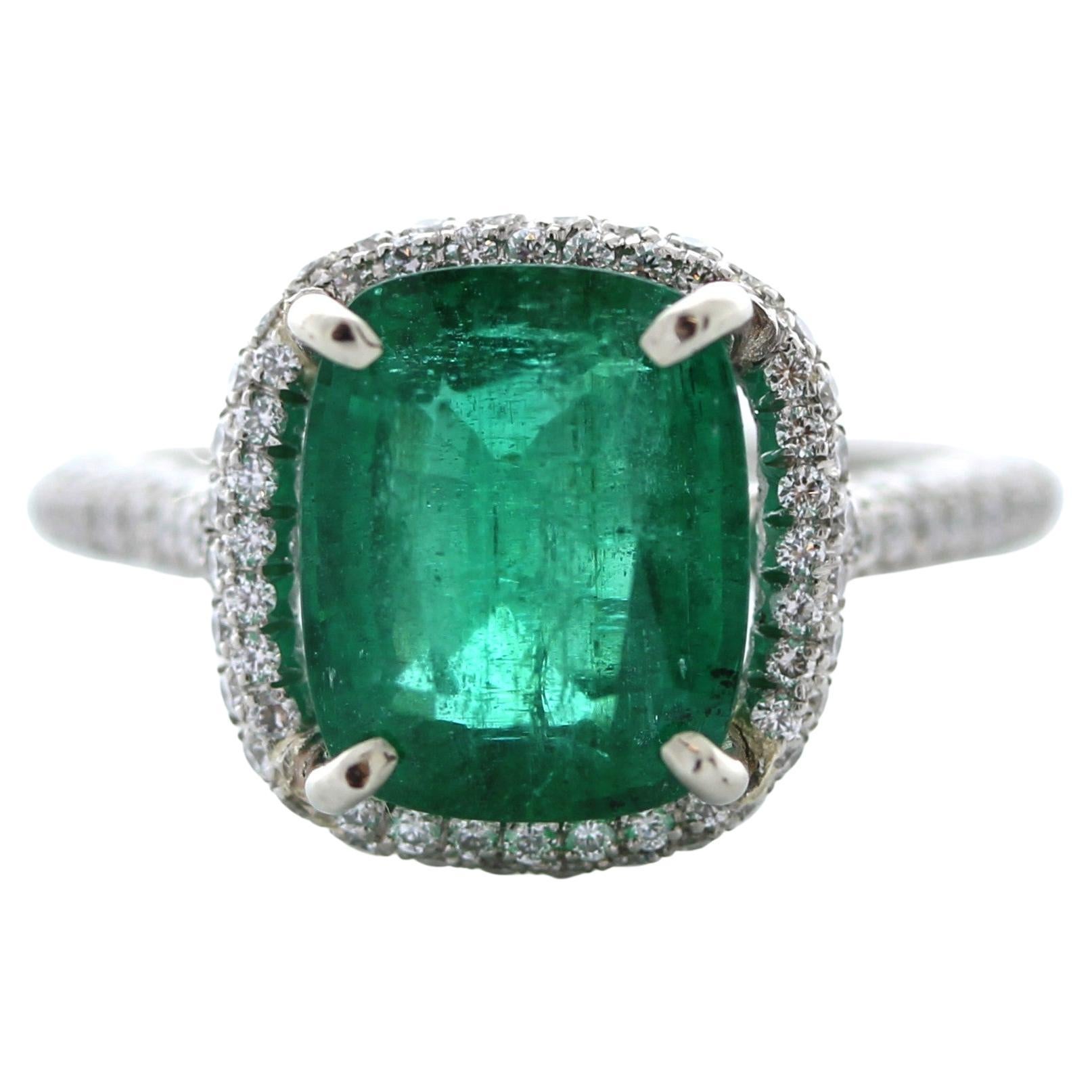 3.69 Carat Green Emerald Cushion Shape & Diamond Ring in Platinum For Sale