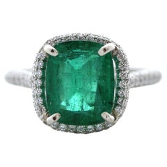 3.69 Carat Green Emerald Cushion Shape & Diamond Ring in Platinum