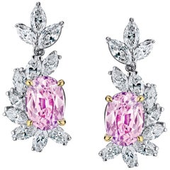 3.69 Carat Oval Natural  Padparadscha Sapphire and Diamond Platinum Earrings