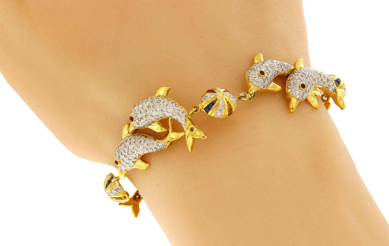 Women's 3.69 Carat Pave Diamonds 2.65 Carat Gemstones 18 Karat Gold Dolphins Bracelet For Sale
