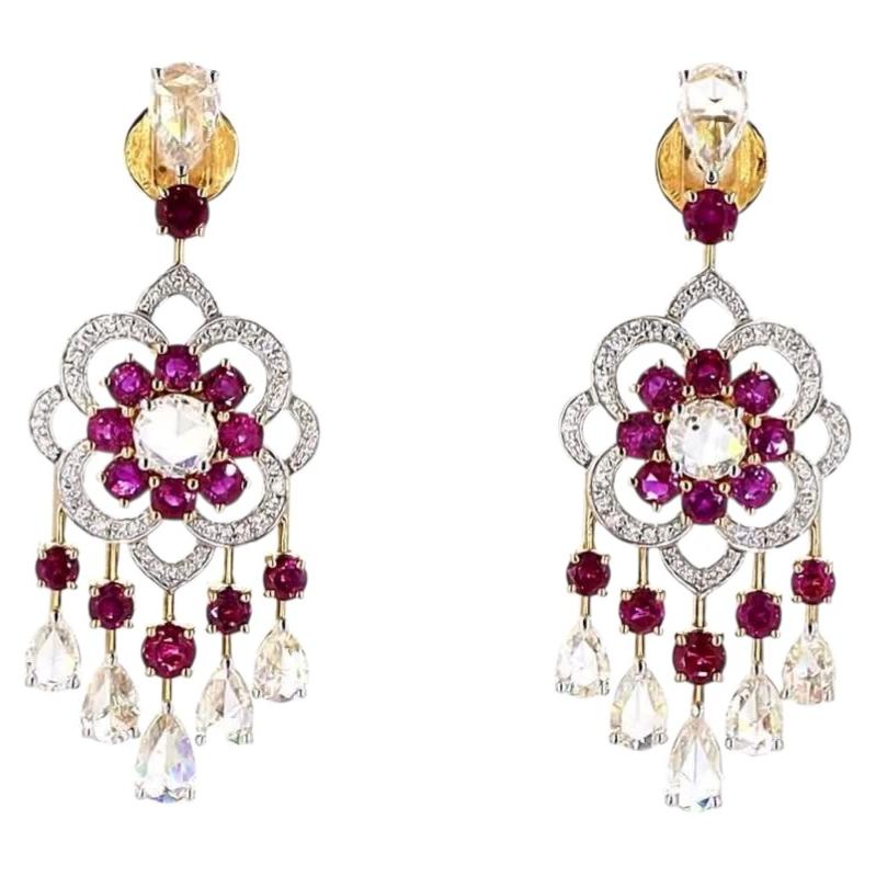 3.69 Carat Rose Cut Diamond Ruby Gold Earrings For Sale